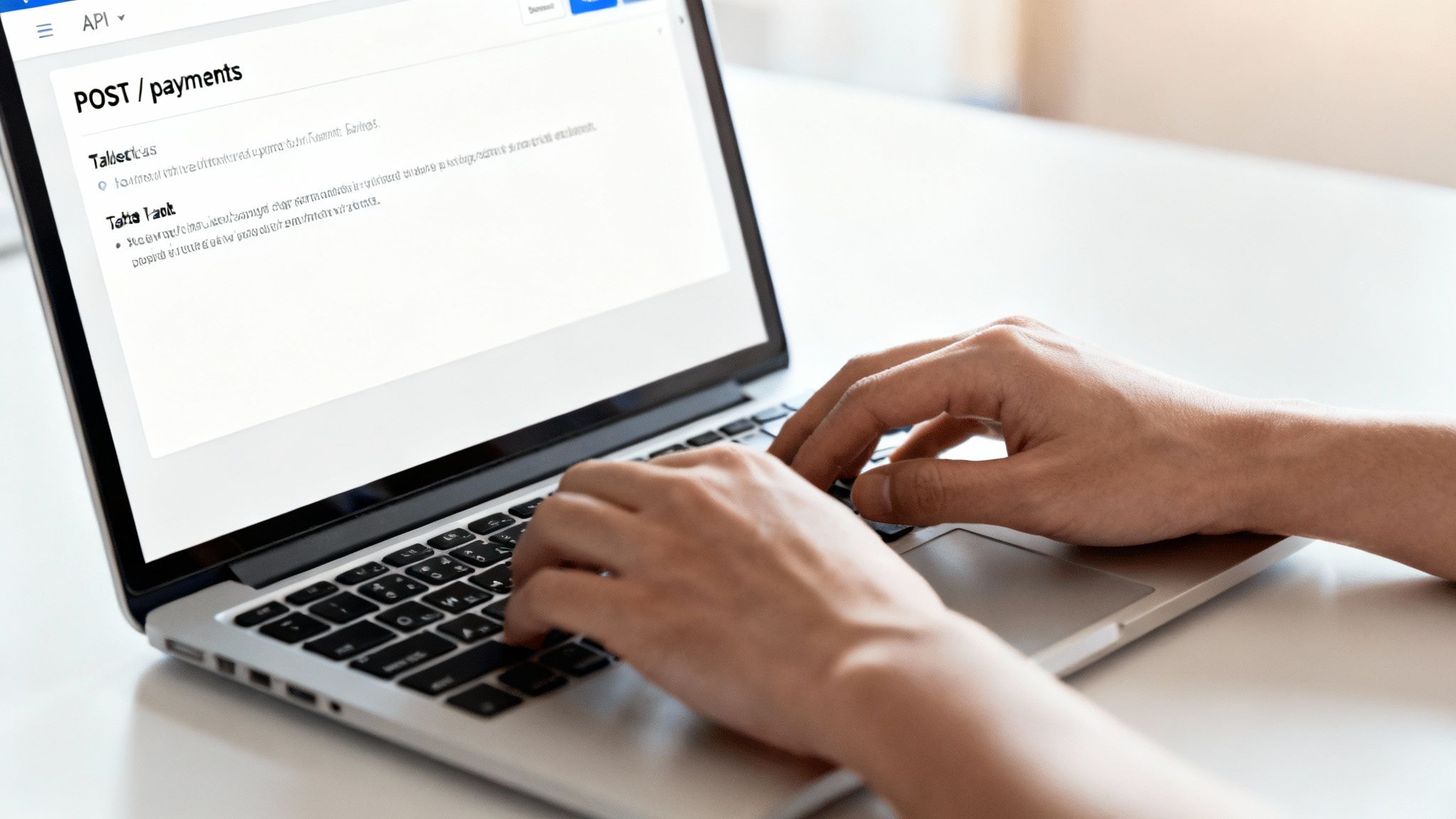 Developer coding payment gateway API documentation on laptop computer for online transaction processing