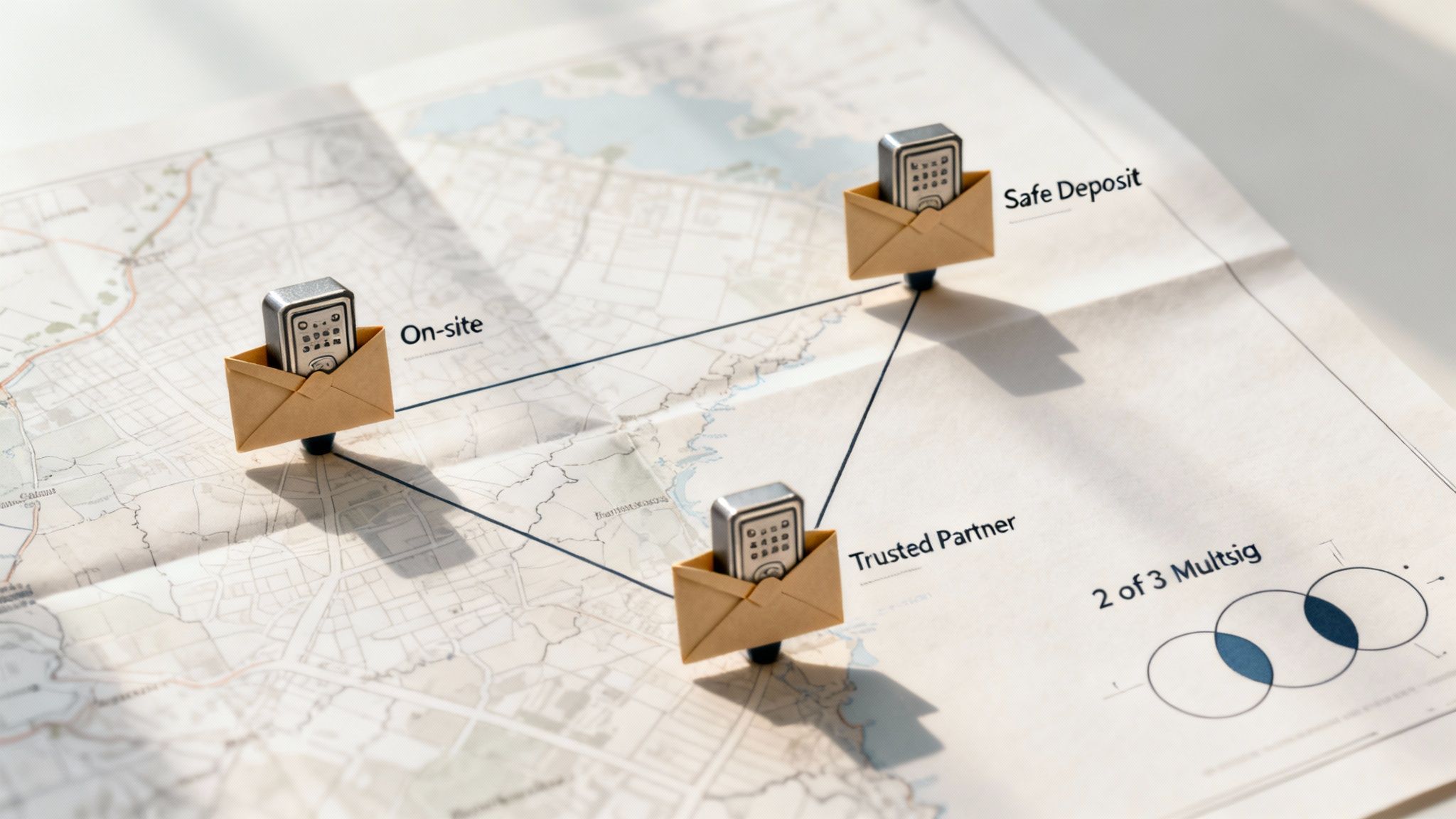 A map displaying three hardware wallets in envelopes connected, illustrating a 2 of 3 multisig strategy.