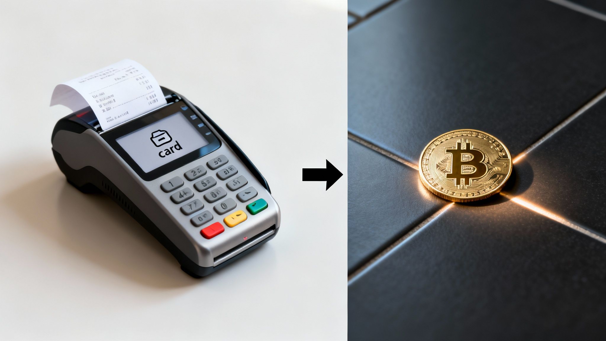 A payment terminal for card transactions and a Bitcoin coin, symbolizing the shift to crypto payments.