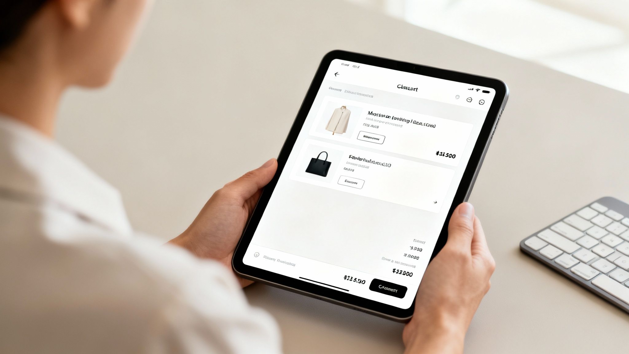 A person holds a tablet displaying an e-commerce cart with clothes and accessories.