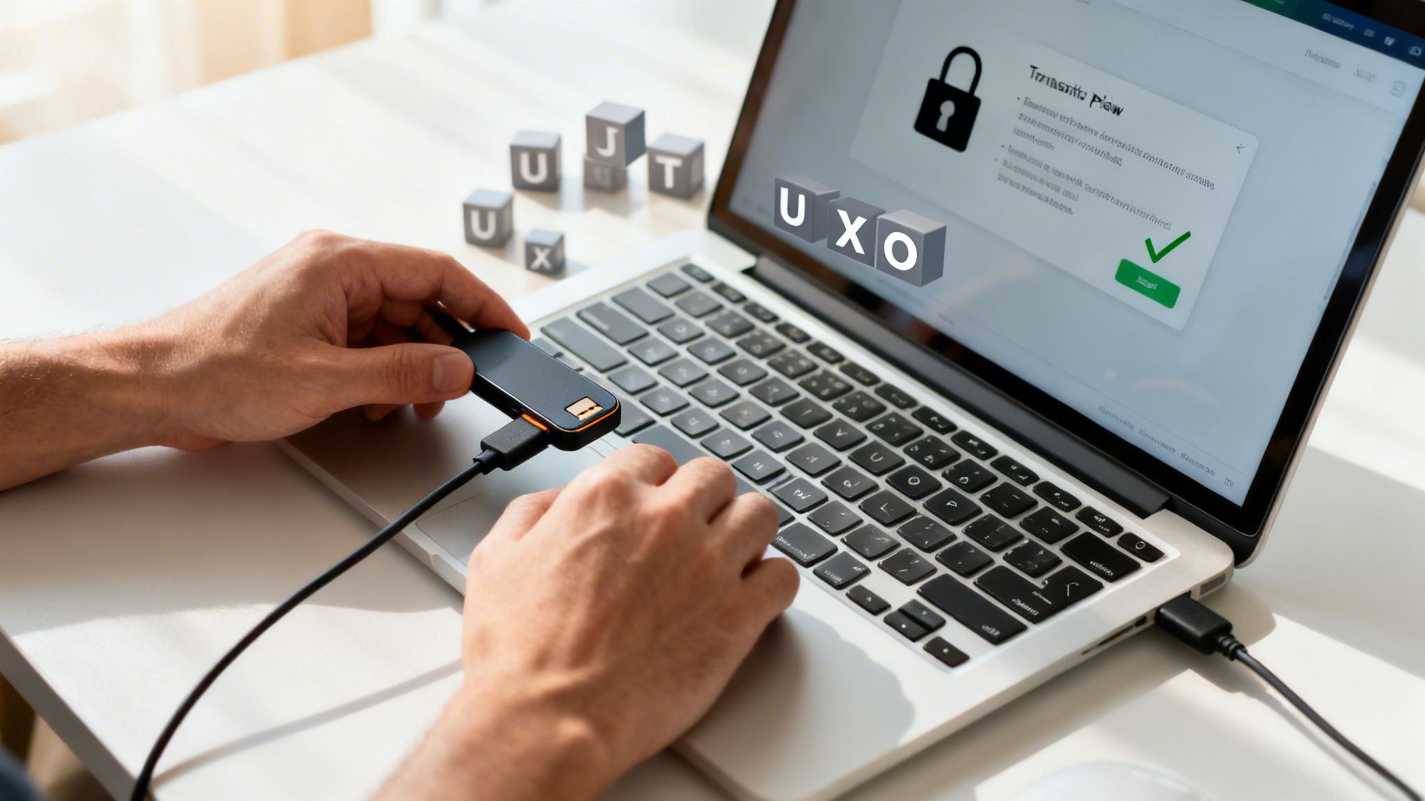 Person uses a hardware wallet connected to a laptop, with 3D letters UXO floating near the screen.