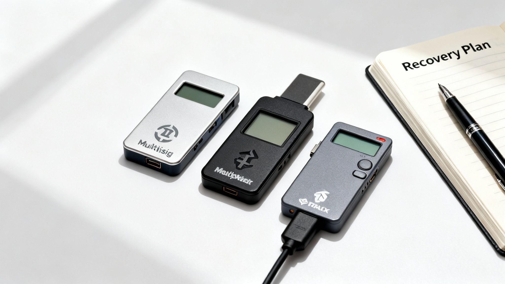 Three hardware wallets are displayed on a white surface next to a 'Recovery Plan' notebook and a pen.