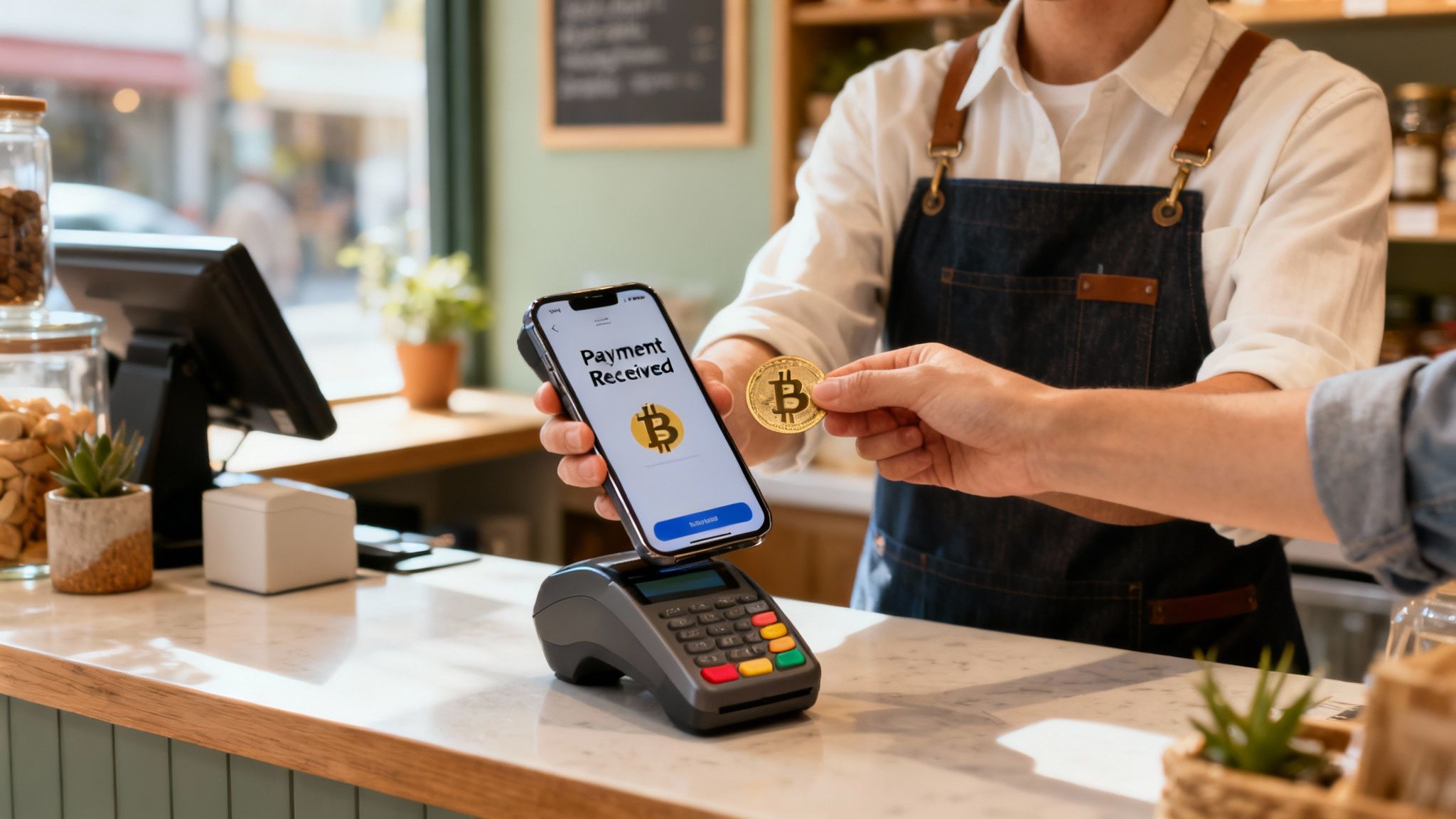 Customer pays with a physical Bitcoin coin at a cafe, confirmed on a smartphone app.