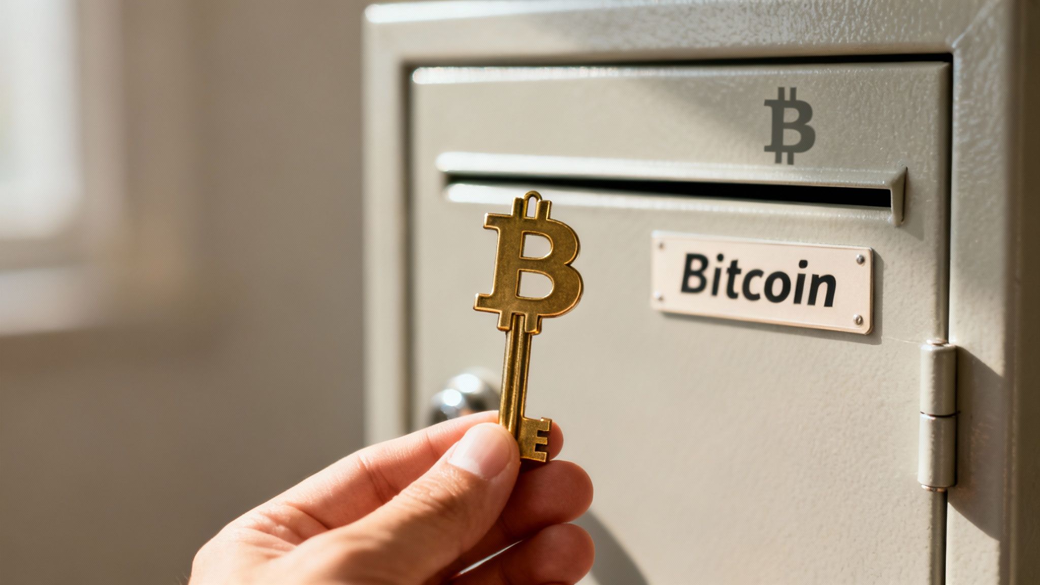 A hand holds a golden Bitcoin key in front of a metal box with 'Bitcoin' written on it.