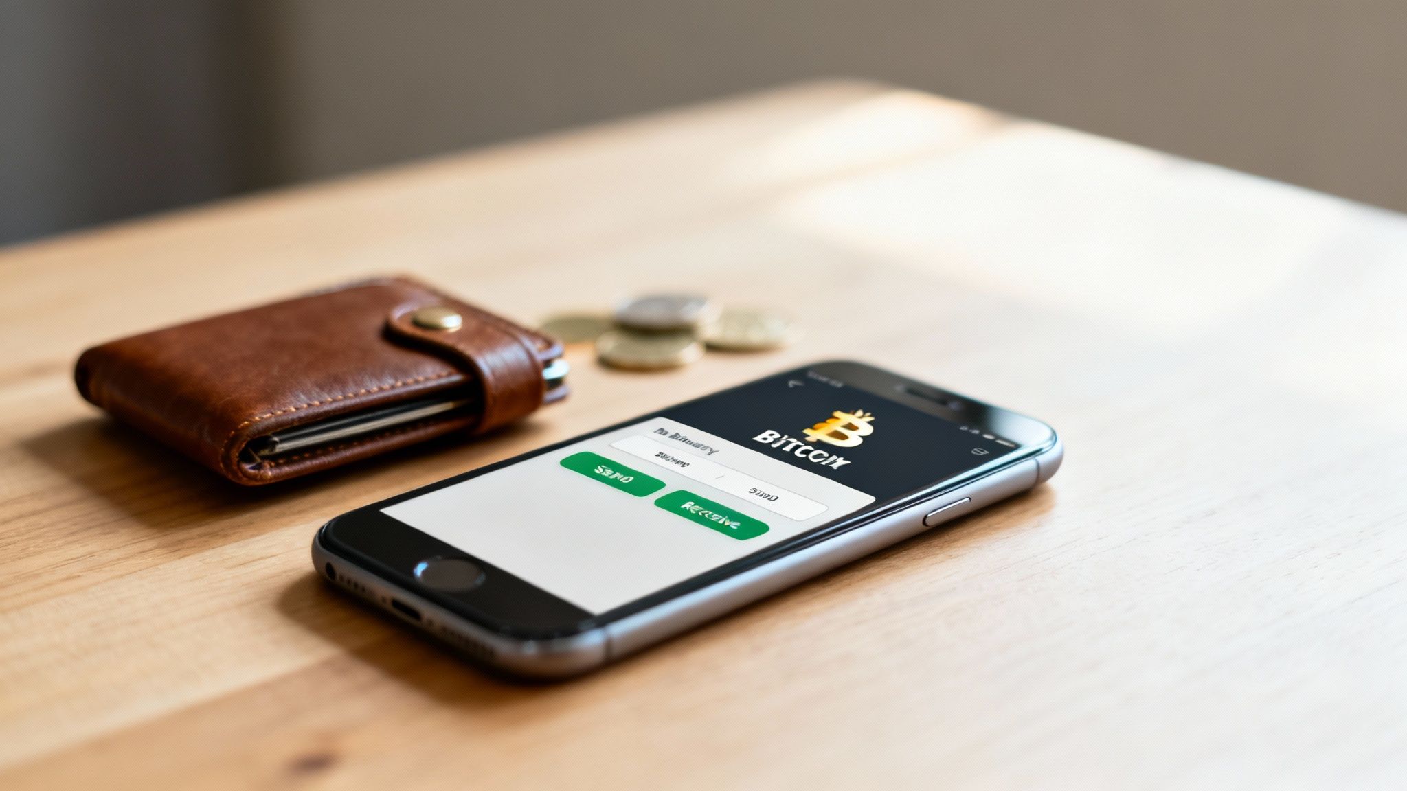A smartphone displaying a Bitcoin wallet app, emphasizing easy access.