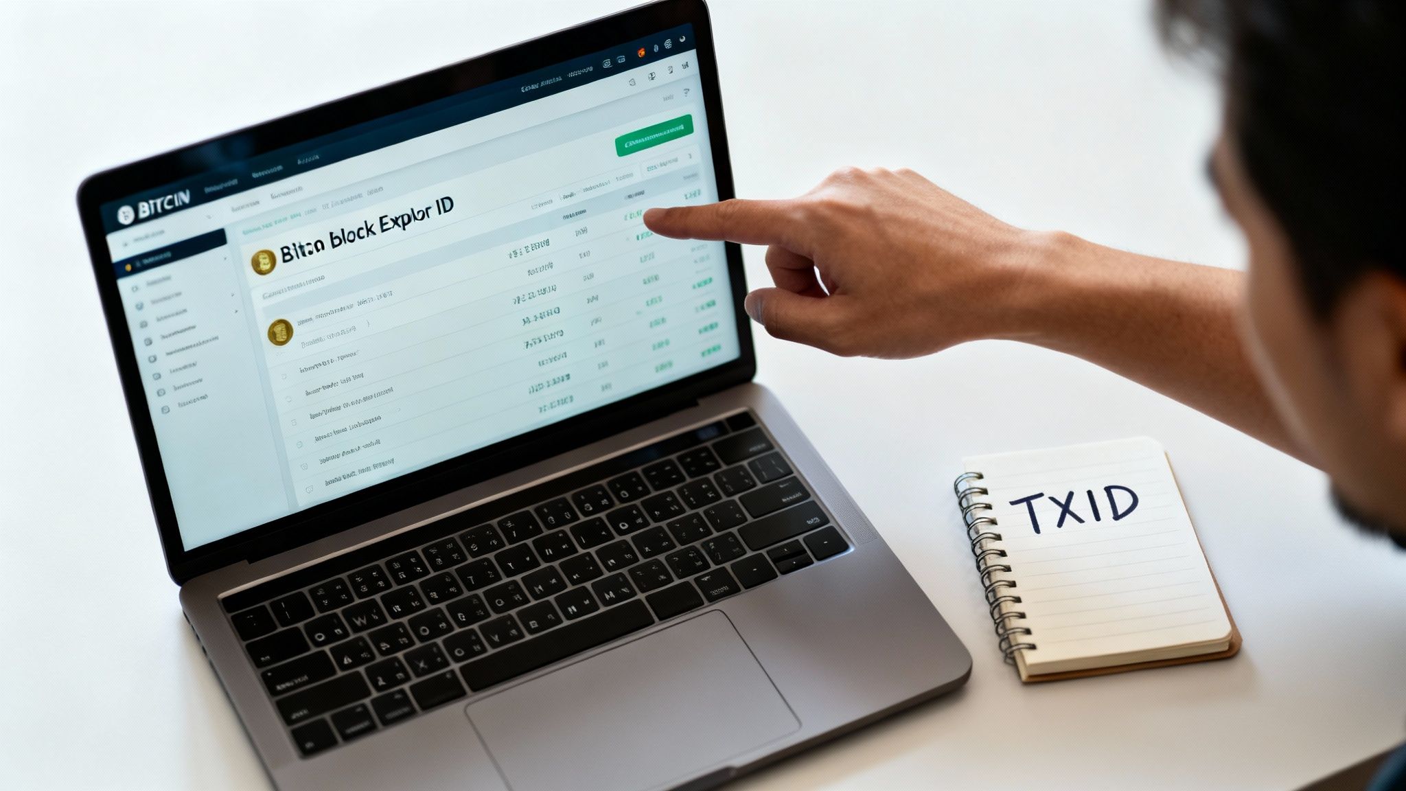 A person's hand points at a laptop screen displaying a Bitcoin block explorer, with 'TXID' written on a notepad.