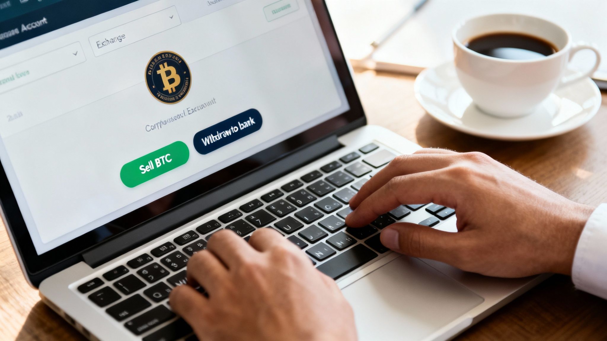 A person types on a laptop showing a Bitcoin exchange interface with 'Sell BTC' and 'Withdraw to bank' options.
