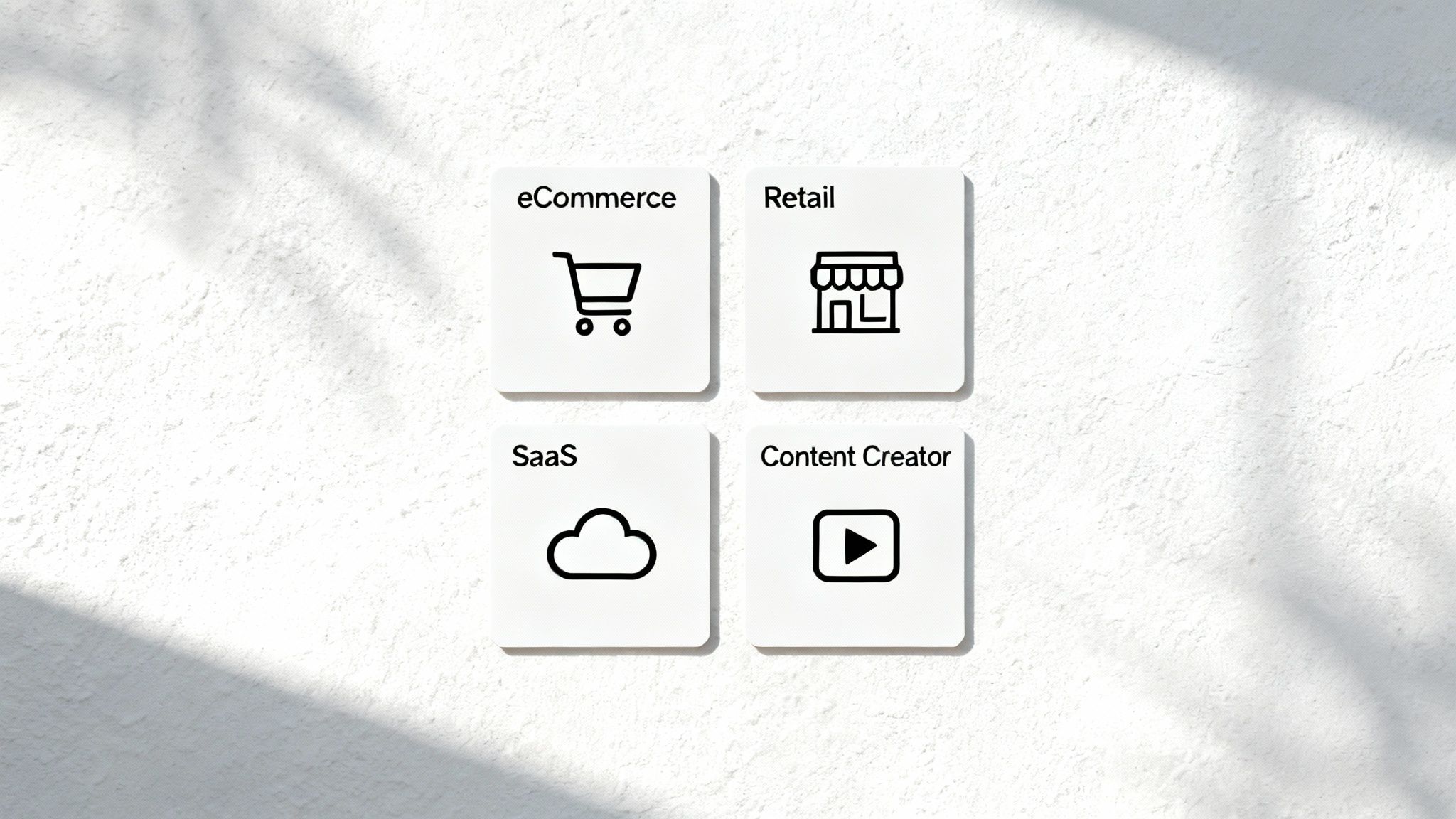 Four white cards with icons representing eCommerce, Retail, SaaS, and Content Creator business types.