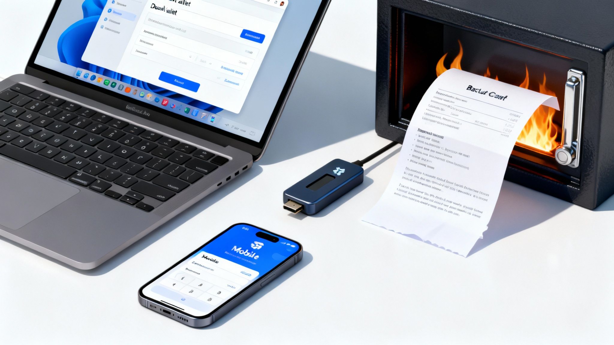 A laptop, hardware wallet, and smartphone are displayed alongside a safe with a burning receipt, symbolizing secure crypto management.