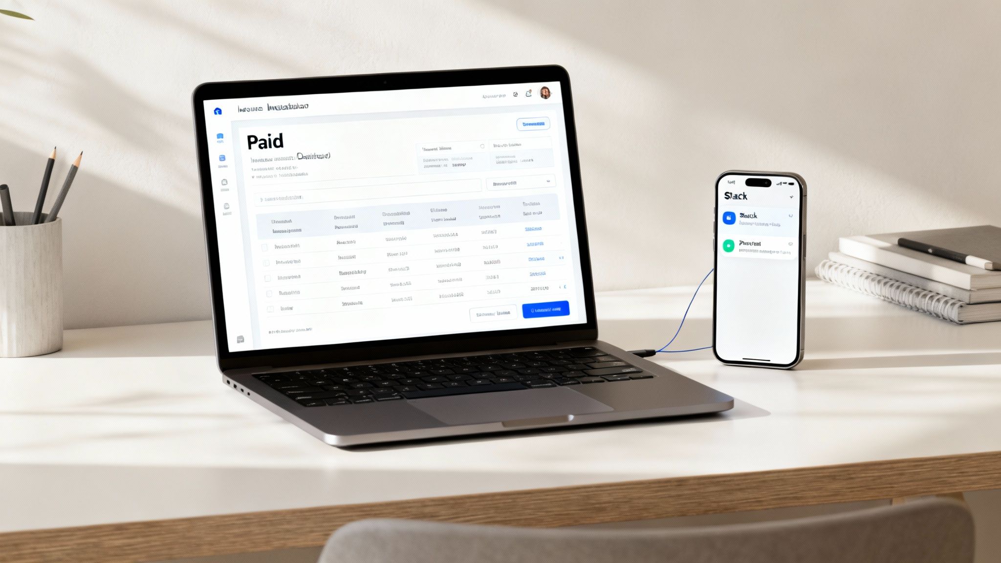 A laptop displays a payment request invoice, while an iPhone shows Slack on a modern desk setup.
