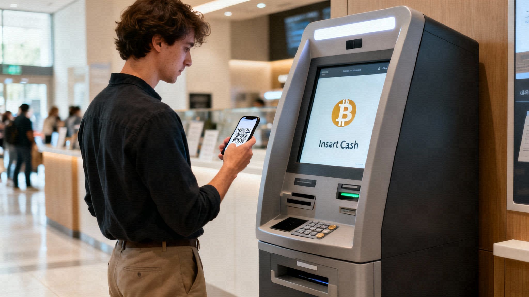 Young man using a smartphone to scan a QR code on a Bitcoin ATM to insert cash.