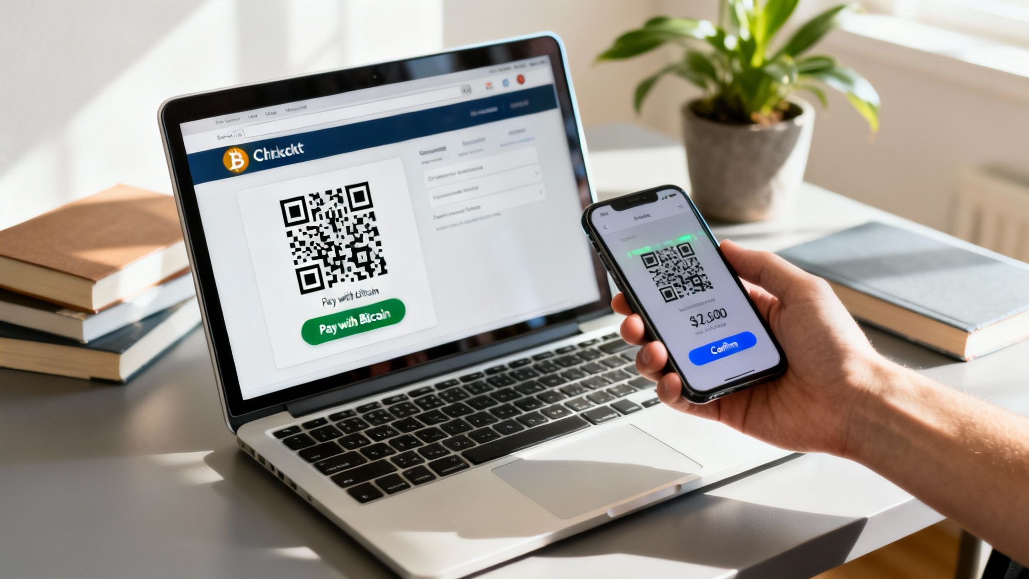 A person holds a smartphone to scan a QR code on a laptop for Bitcoin payment.