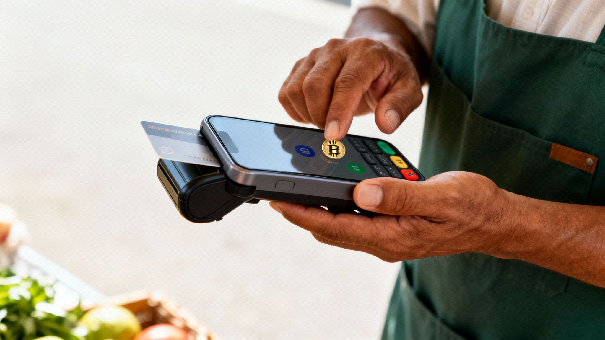 Close-up of a vendor using a mobile POS system, accepting a credit card payment with a Bitcoin option.