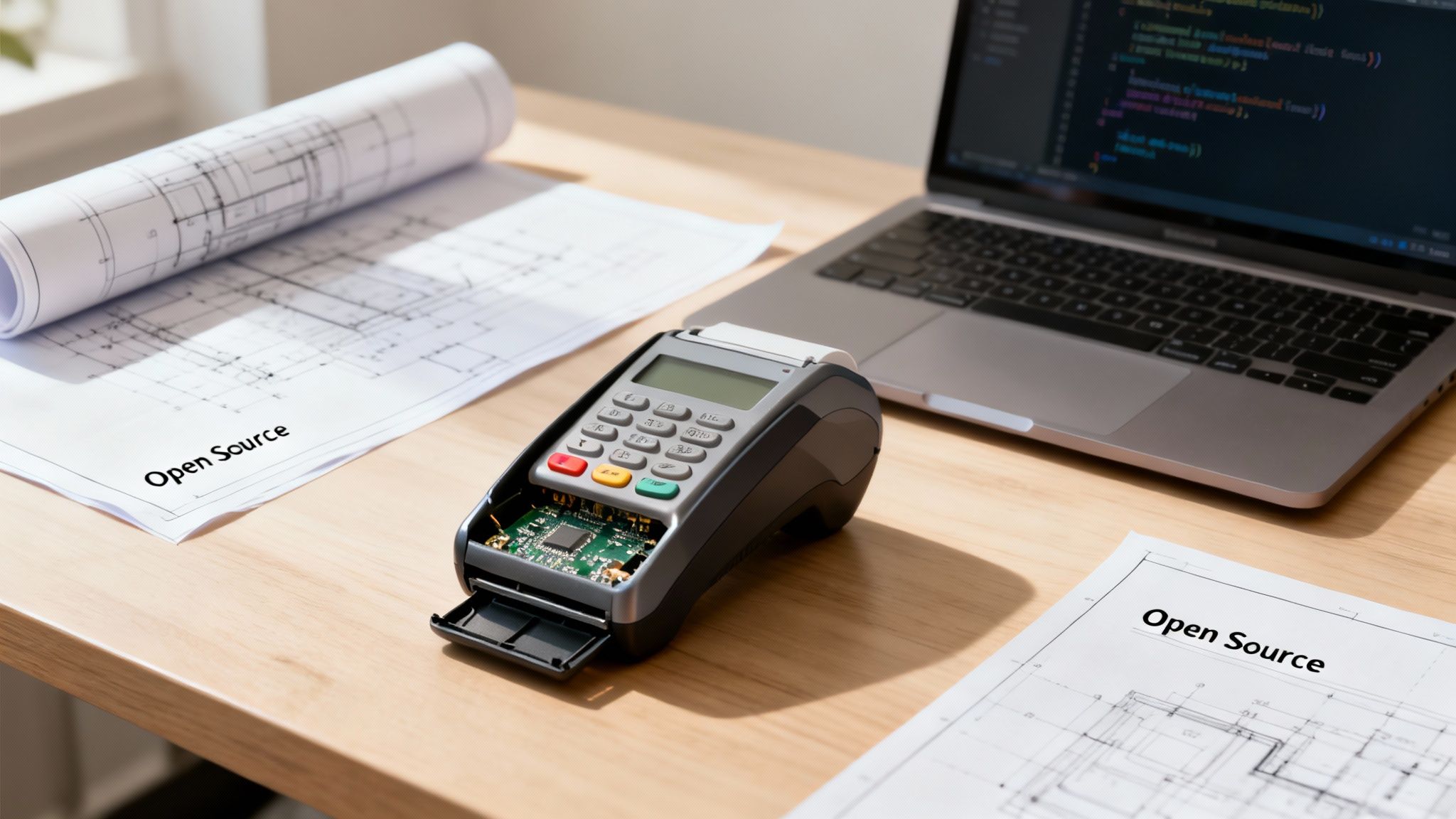 A partially disassembled payment terminal, laptop with code, and 'Open Source' blueprints on a desk.