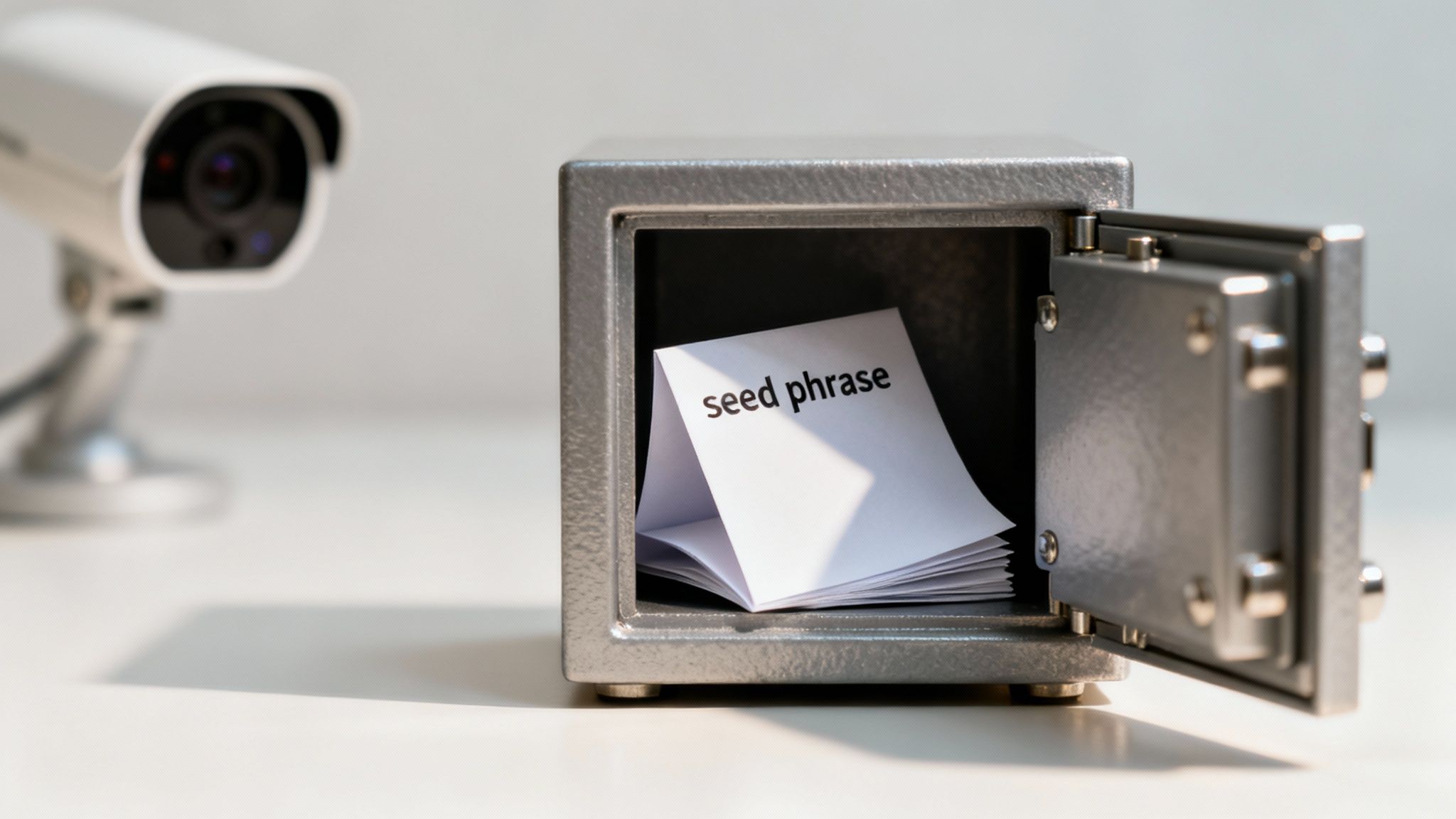 A security camera watches over an open safe containing a paper with 'seed phrase' written on it.