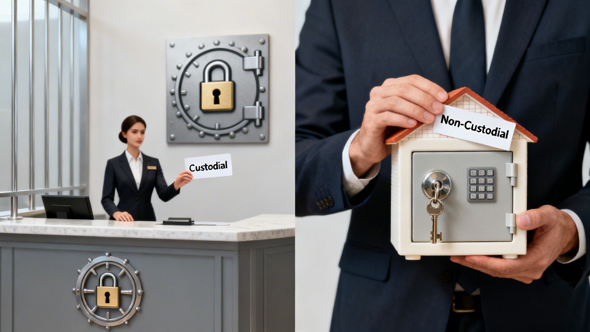 Split image comparing custodial service with a bank teller and safe, versus non-custodial ownership with a house, safe, and key.