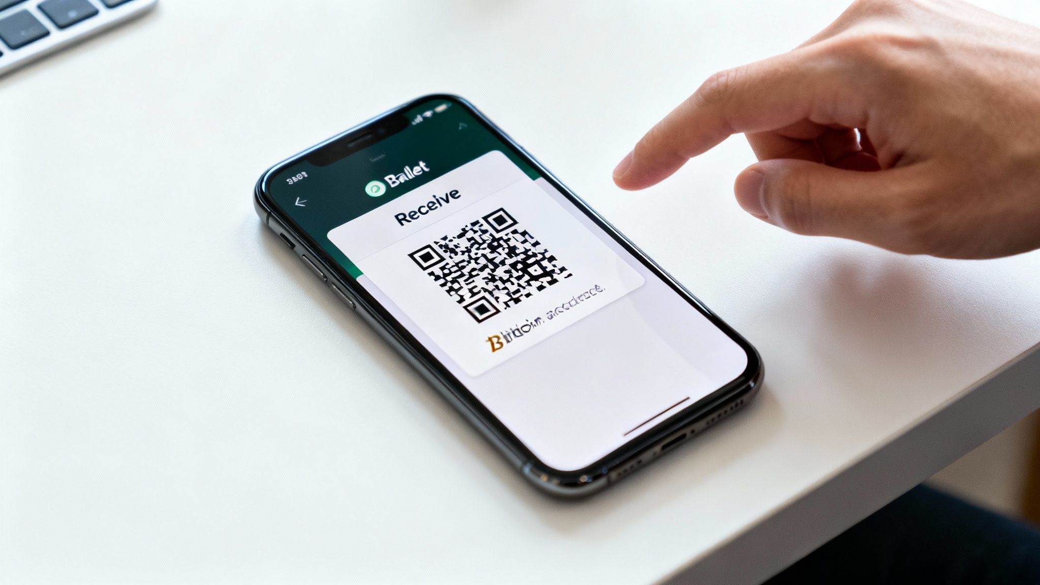 A person's hand holding a smartphone displaying a Bitcoin wallet QR code.