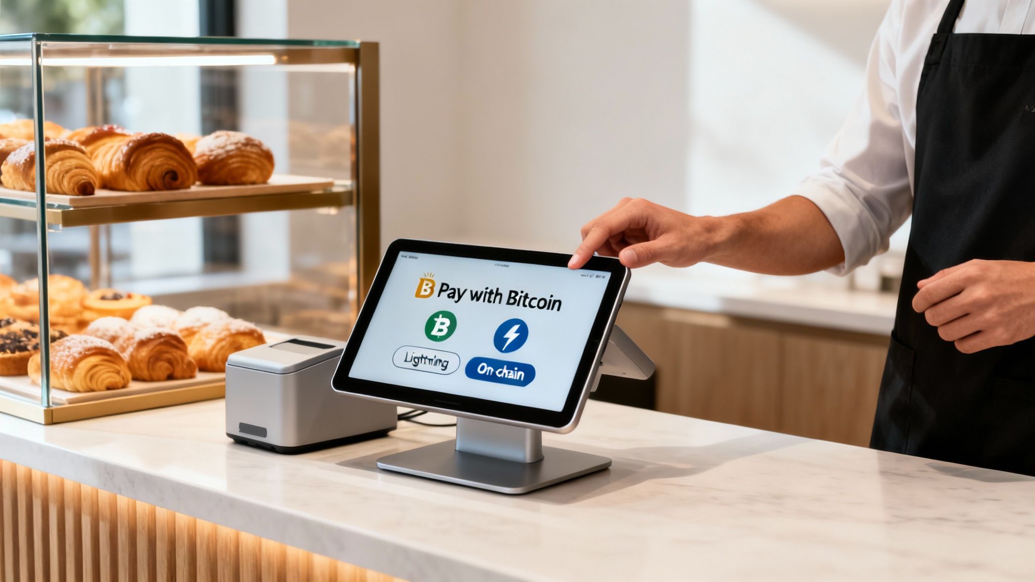 A person at a cafe counter taps a tablet displaying 'Pay with Bitcoin' options.