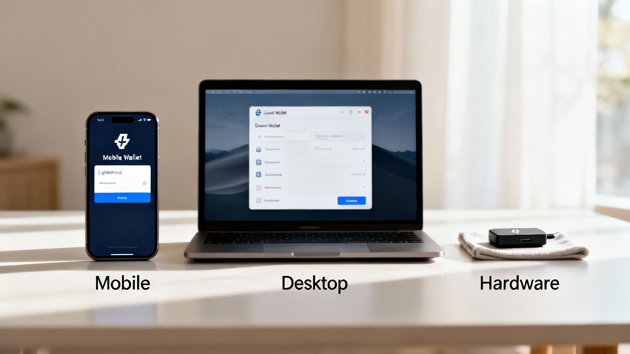 A mobile phone, laptop, and hardware device showcasing different cryptocurrency wallet options.