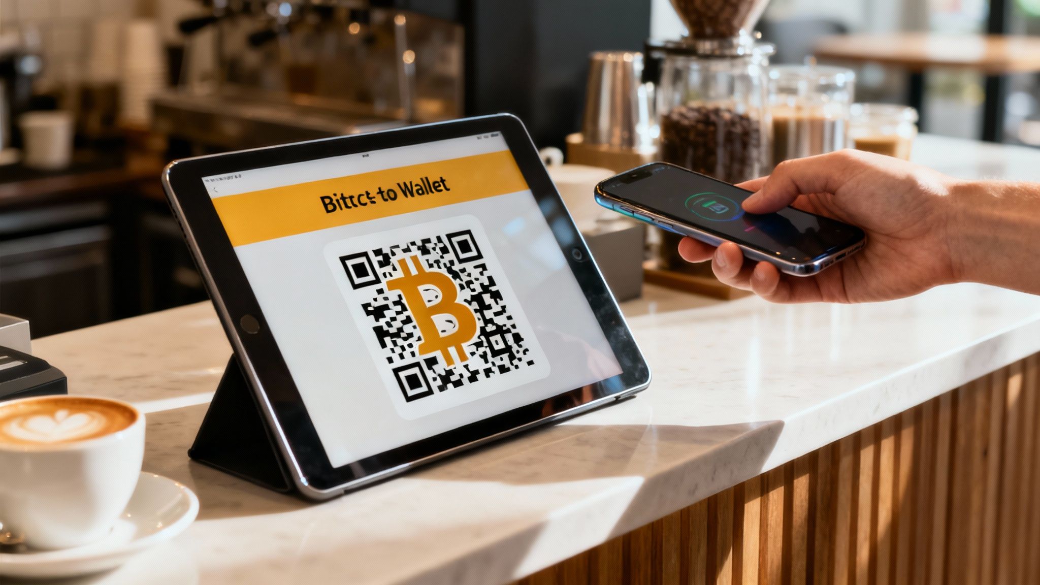 A person holding a smartphone displaying a Bitcoin QR code for a direct wallet payment.