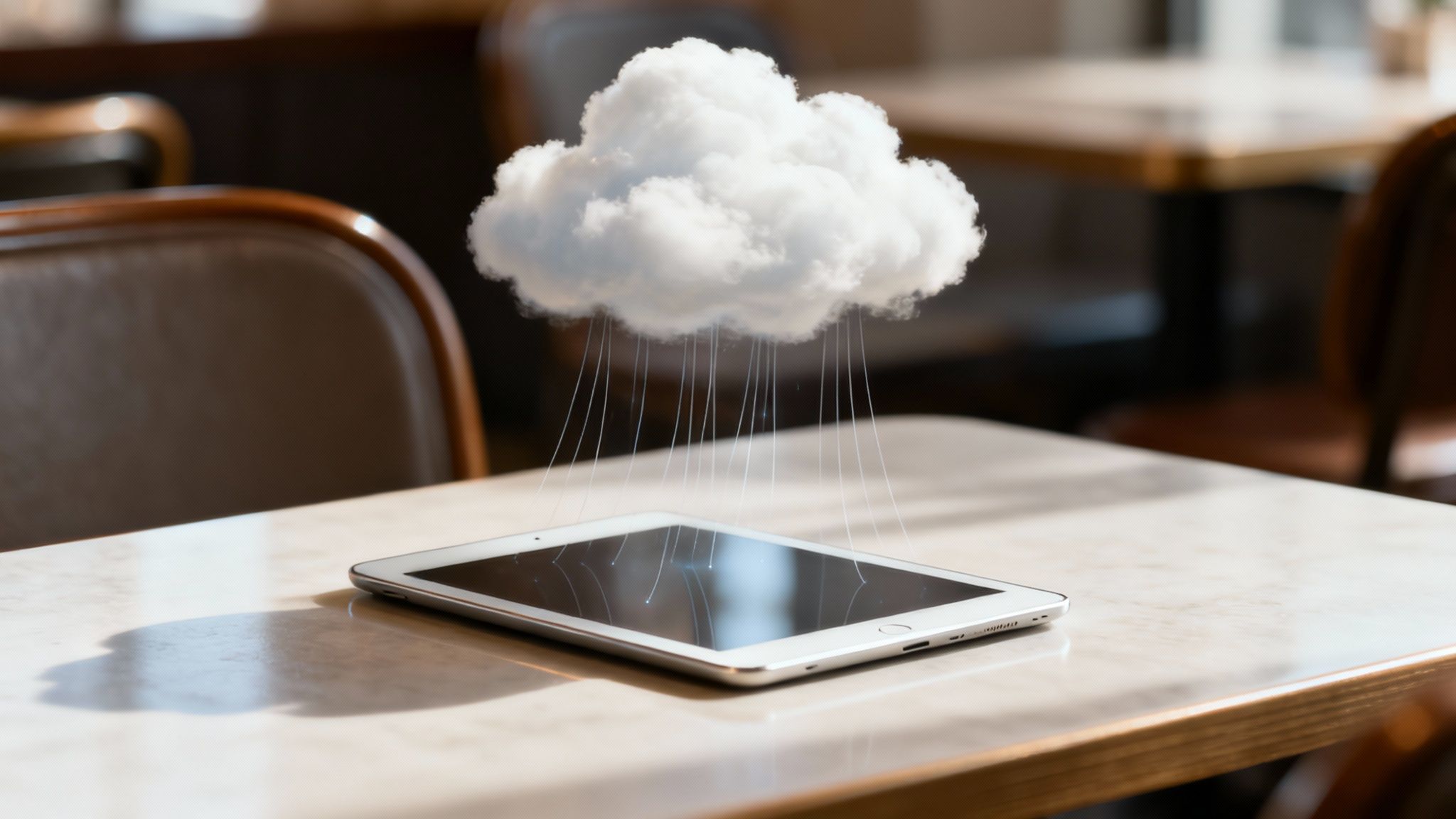 A cloud icon with restaurant symbols like a fork, knife, and plate, indicating a cloud-based restaurant POS system.