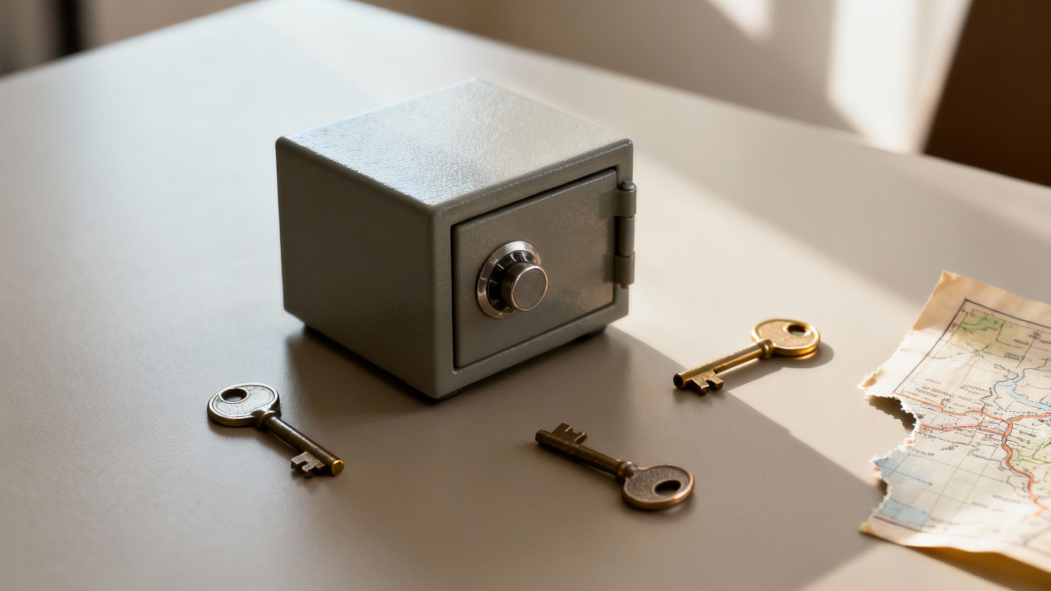 Small metal safe with combination lock surrounded by three keys and folded map on white table