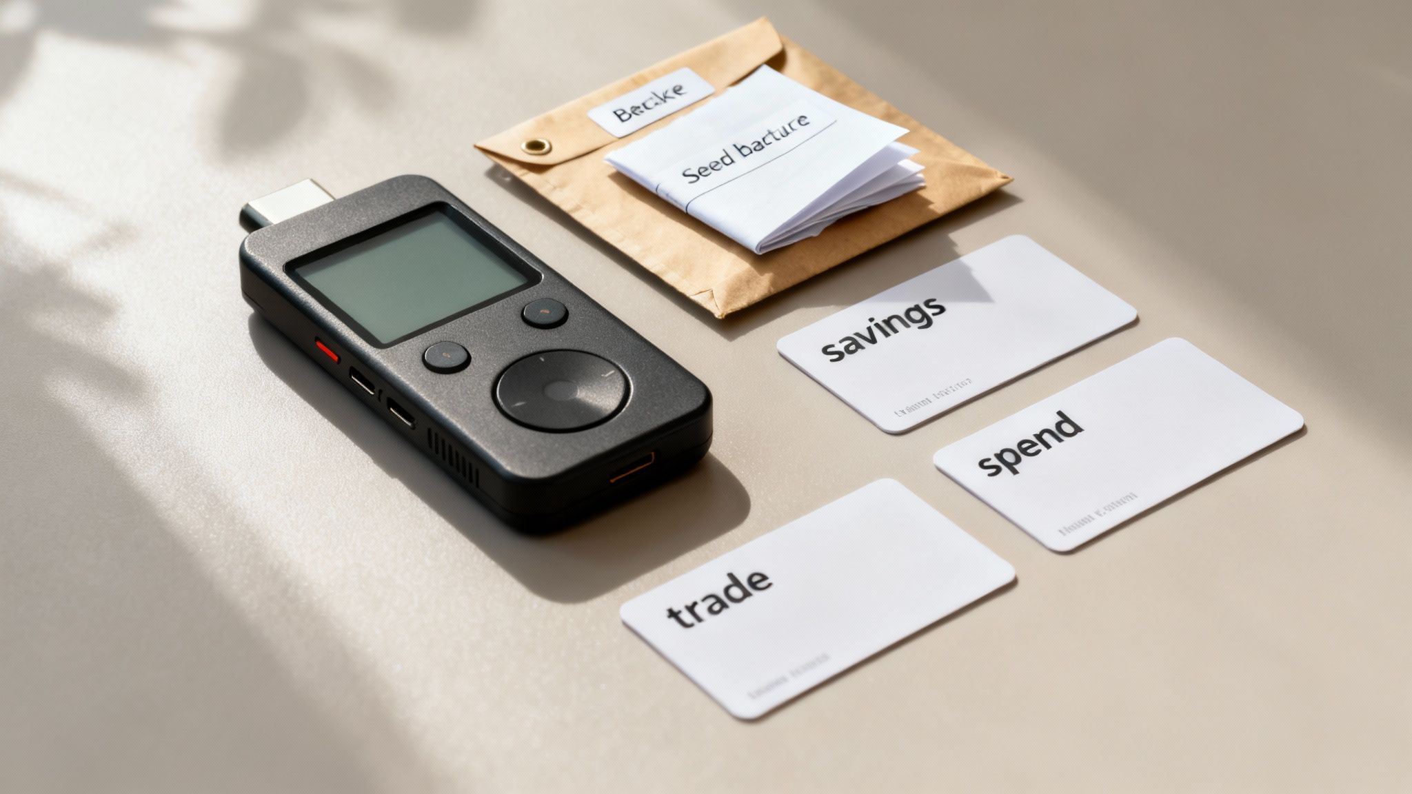 A close-up shot of a hardware wallet's screen, displaying a Bitcoin address and a green checkmark for verification.