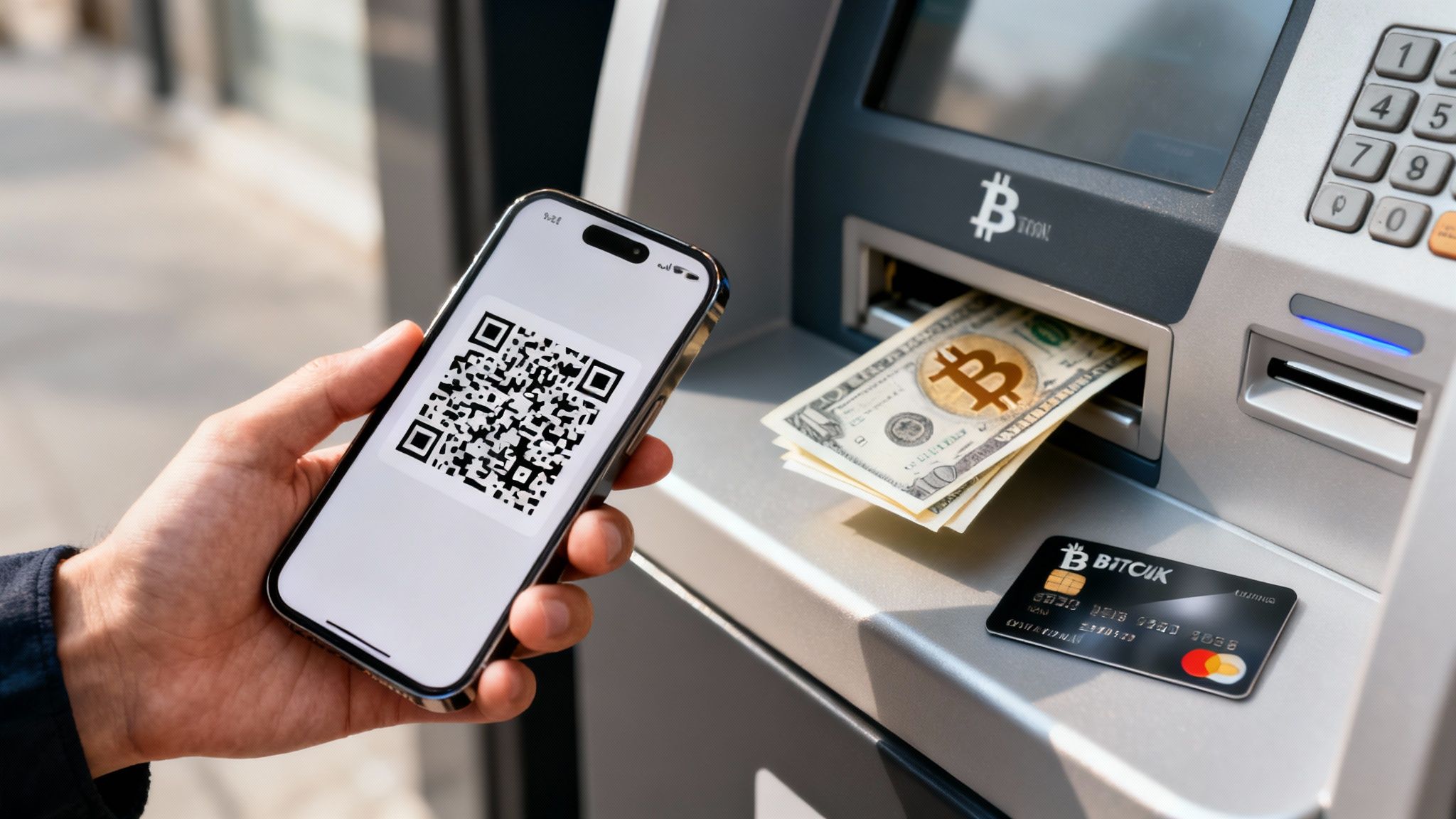 A person's hand holds a smartphone with a QR code near a Bitcoin ATM dispensing money with Bitcoin logos.