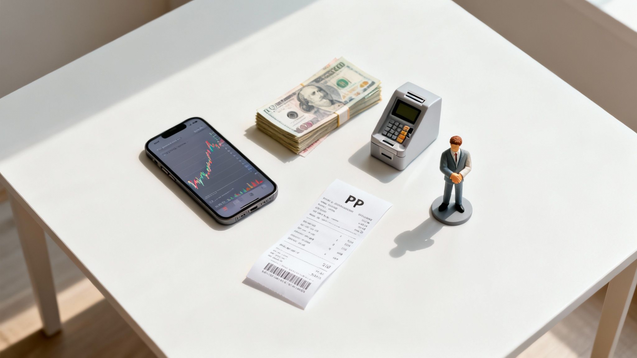 Financial arrangement with smartphone showing charts, cash, a mini ATM, and a businessman figure.