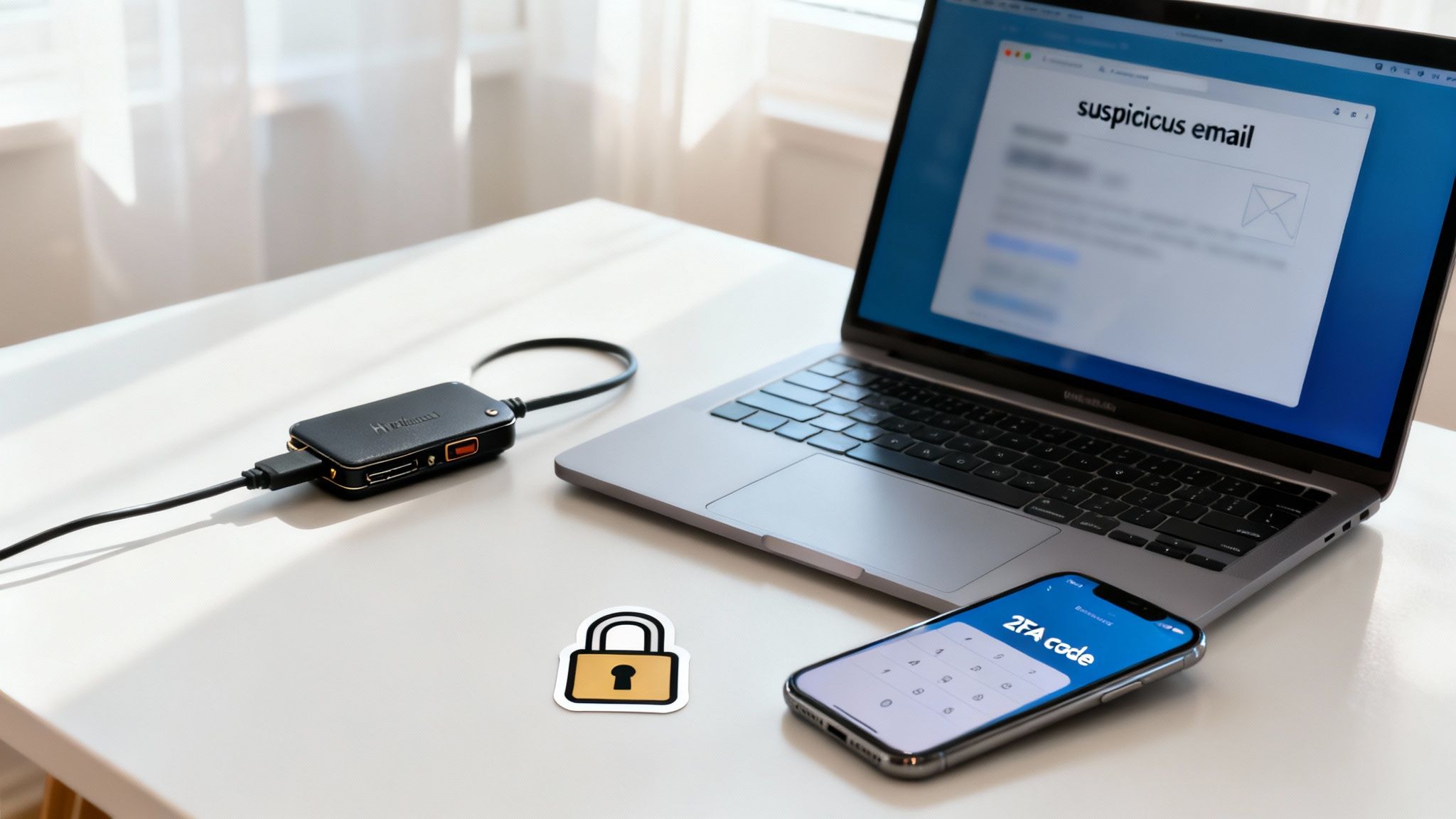 Digital security setup featuring a laptop with a suspicious email, a phone showing a 2FA code, and a security lock sticker.