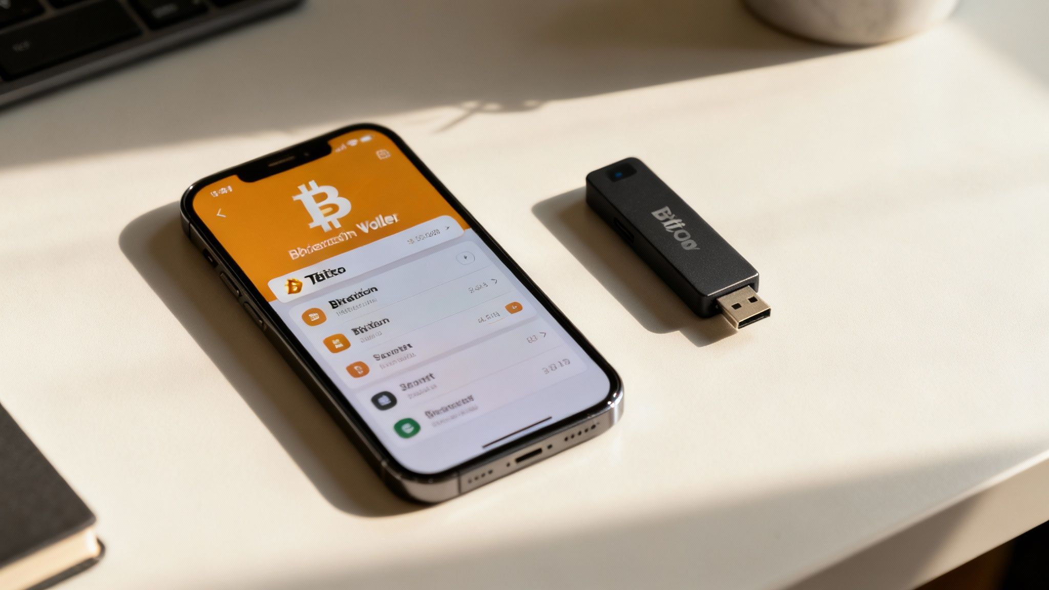 A close-up of a person's hand holding a mobile phone displaying a Bitcoin wallet app with a QR code ready for payment.