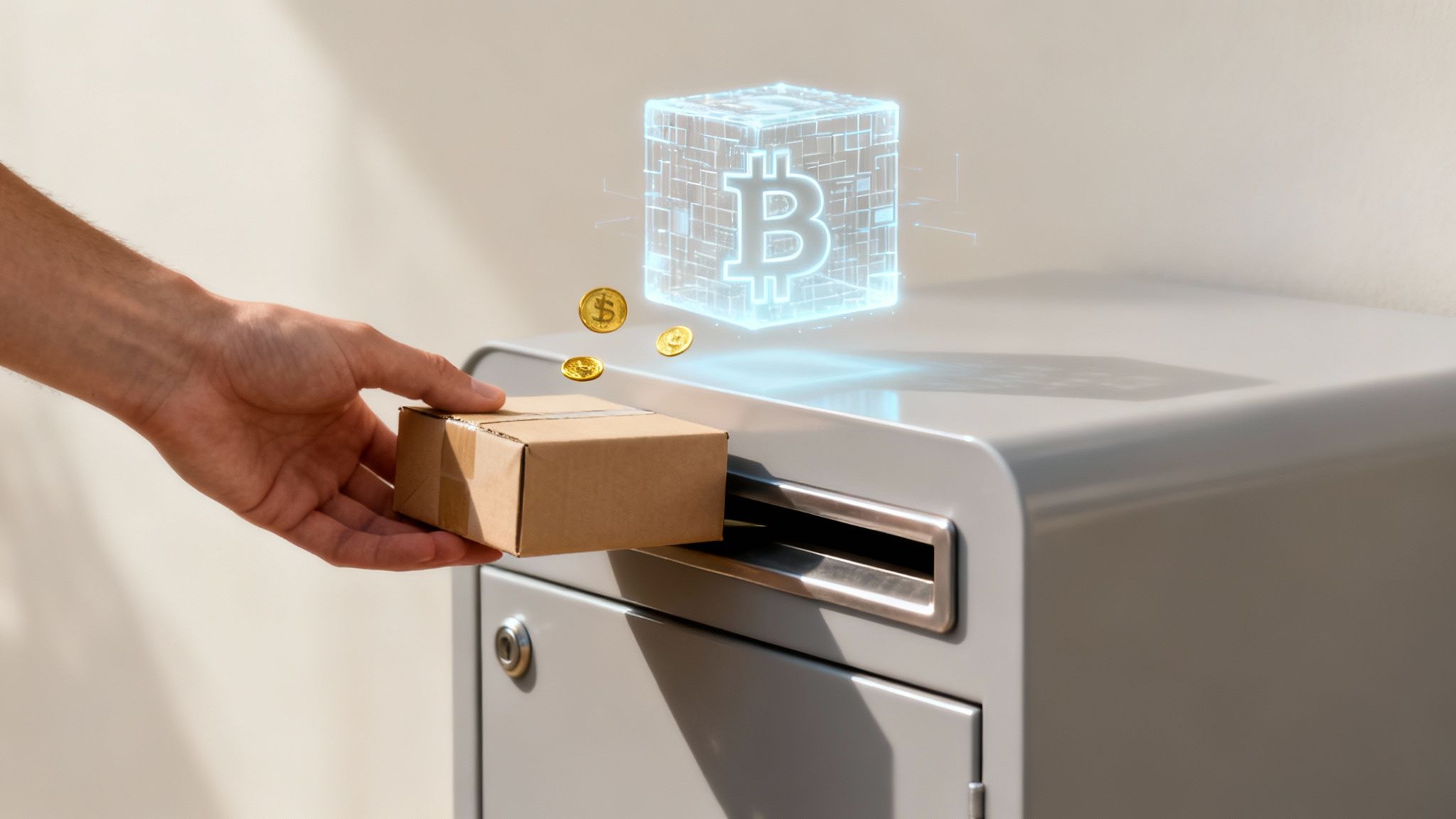 A hand places a package into a locker with a glowing Bitcoin hologram and cryptocurrency coins.