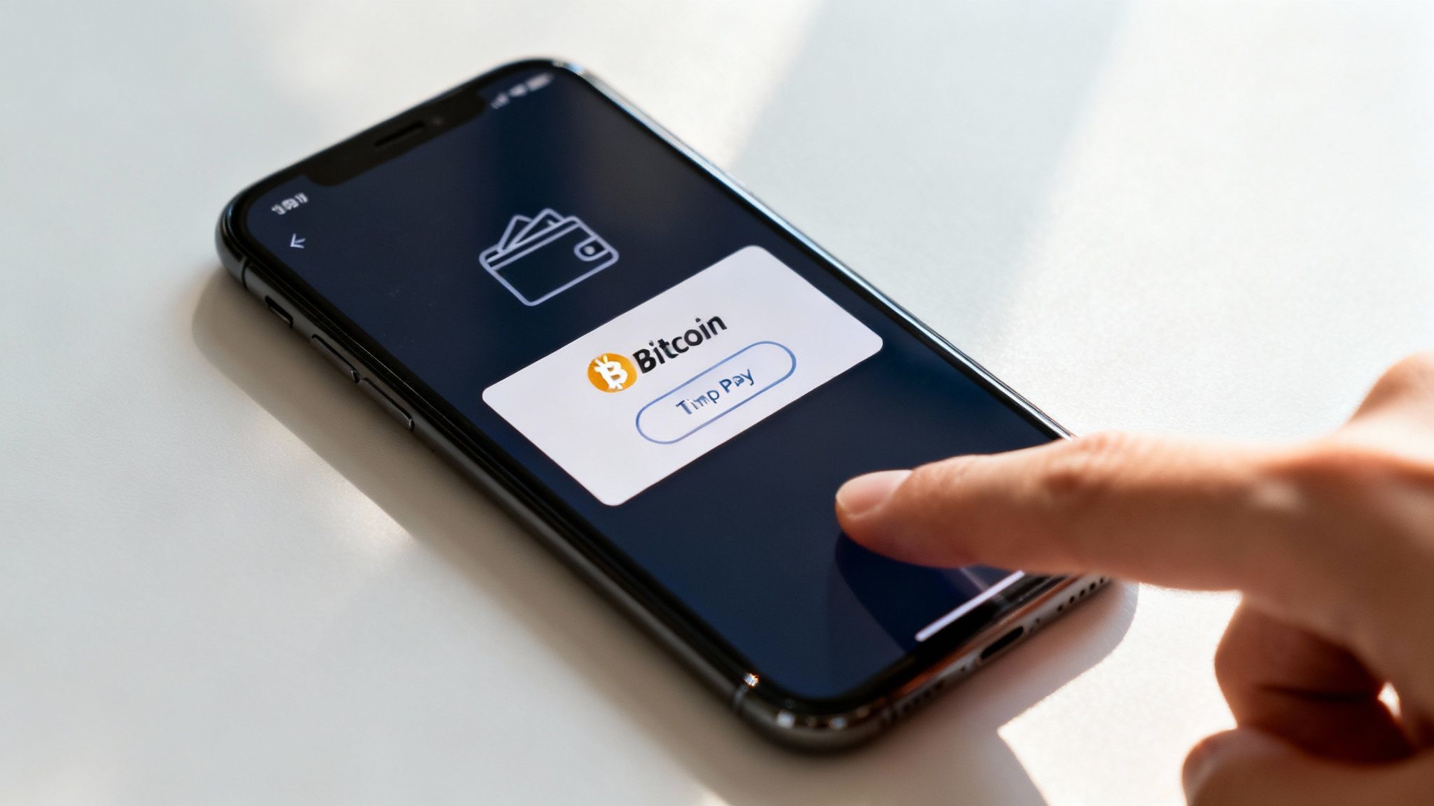A person's hand interacts with a smartphone displaying a Bitcoin digital wallet for payment.