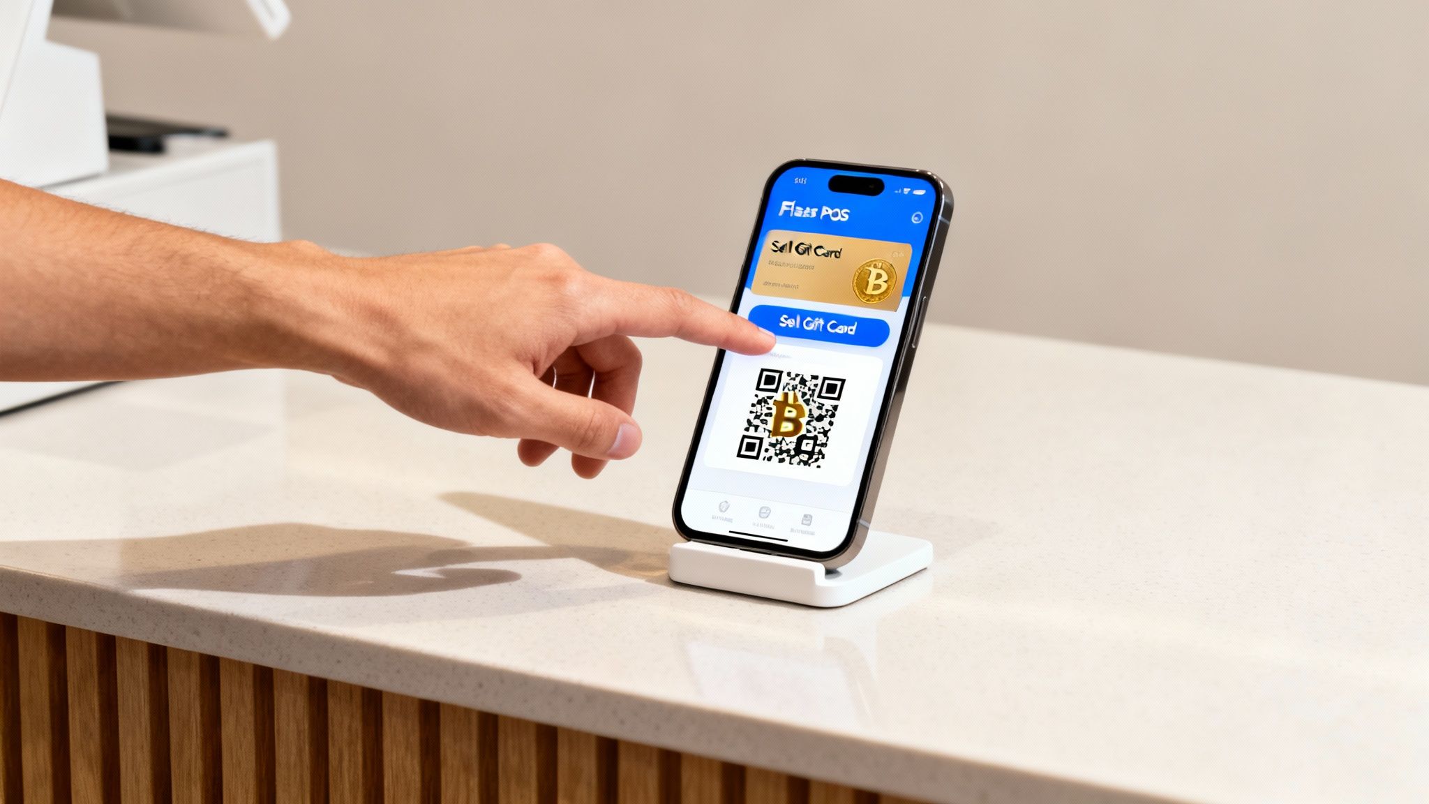 A person's hand taps a smartphone displaying a crypto gift card app with a Bitcoin QR code.