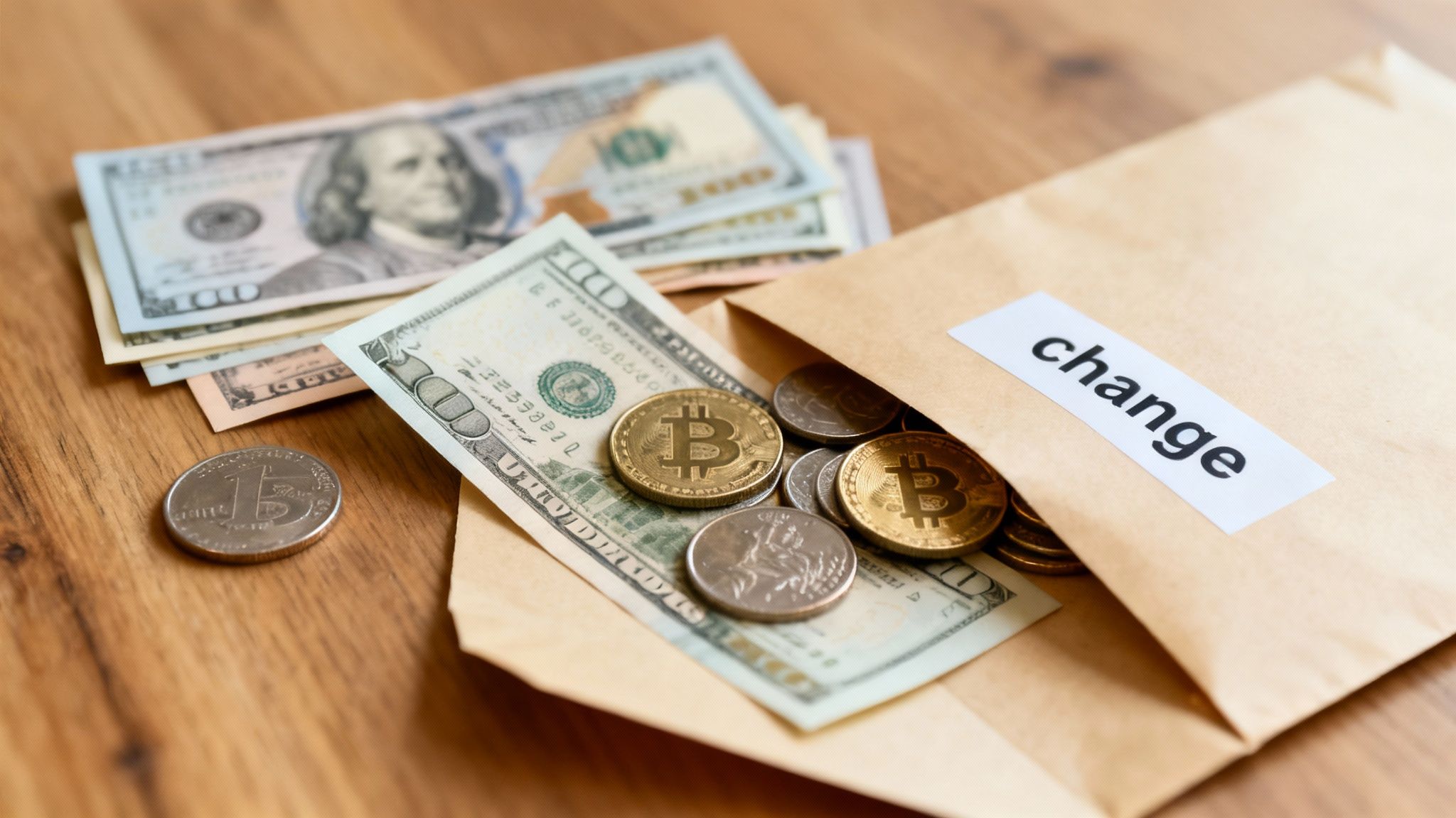 US dollar bills, bitcoin coins, and other currency spill from a 'change' envelope on a wooden table.