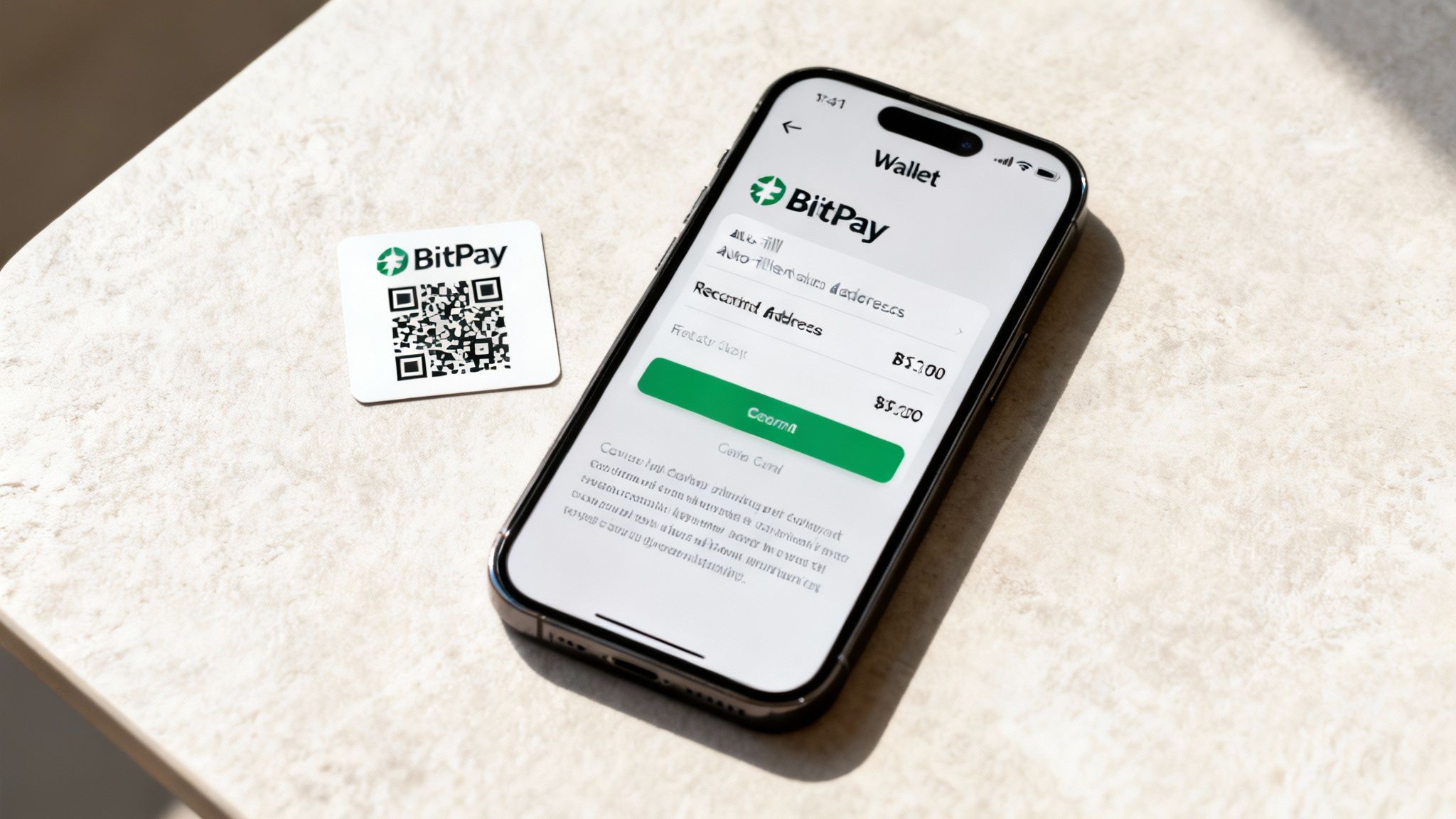 An iPhone displaying the BitPay wallet app next to a BitPay QR code card on a table.
