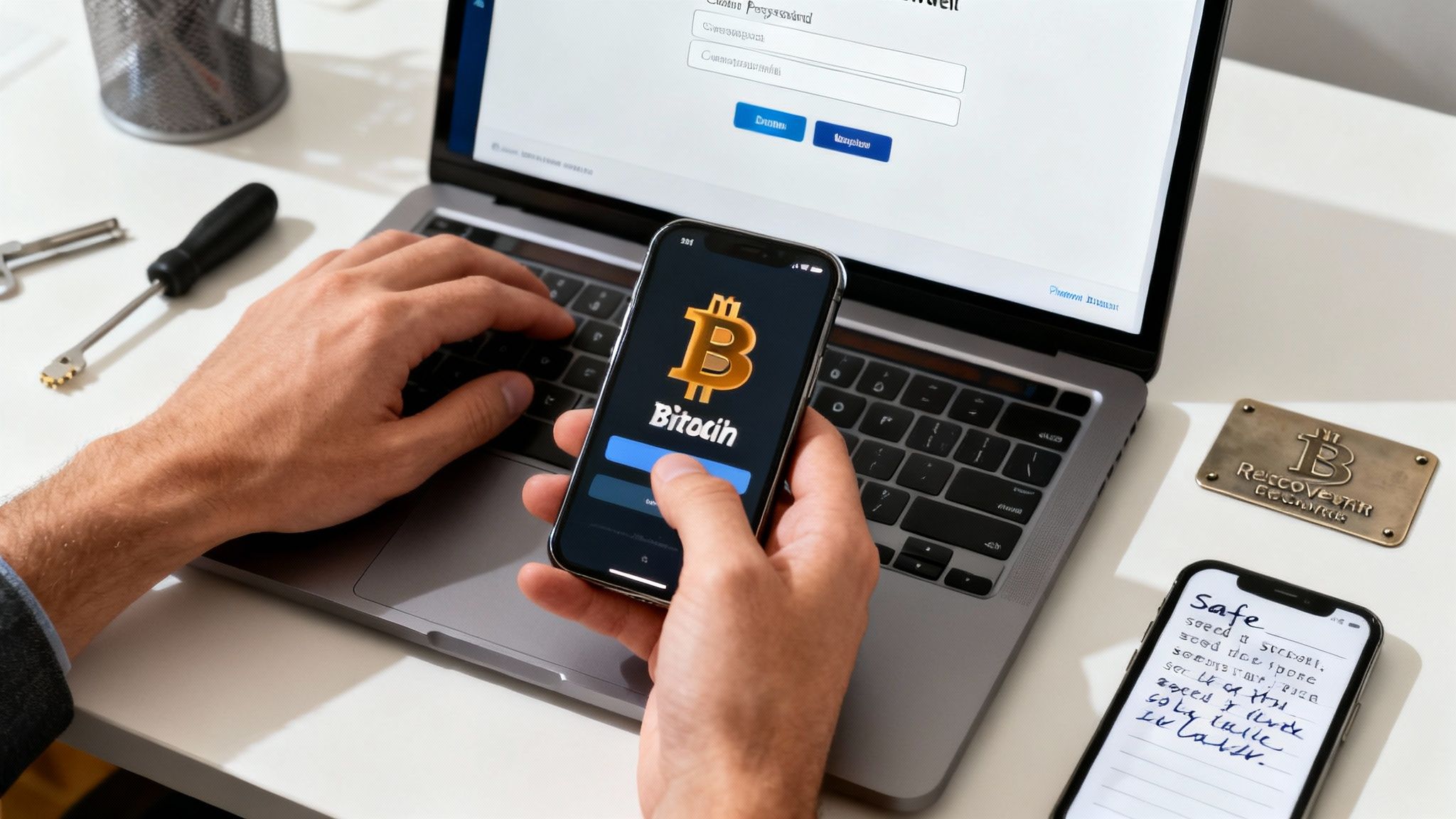 A screenshot showing the Bitcoin logo and a QR code, representing a public wallet address for receiving funds.