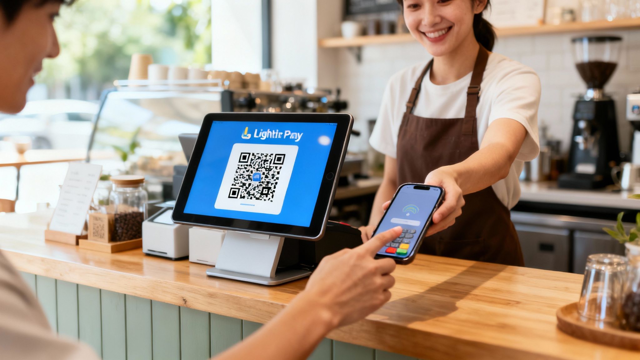 Customer uses a mobile phone for contactless payment at a coffee shop, while a barista assists.
