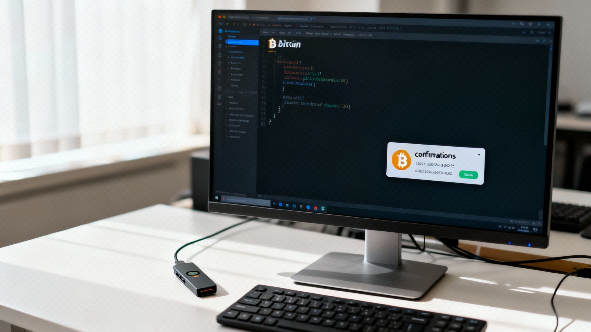 Computer monitor displaying Bitcoin cryptocurrency code with payment confirmation dialog and development interface
