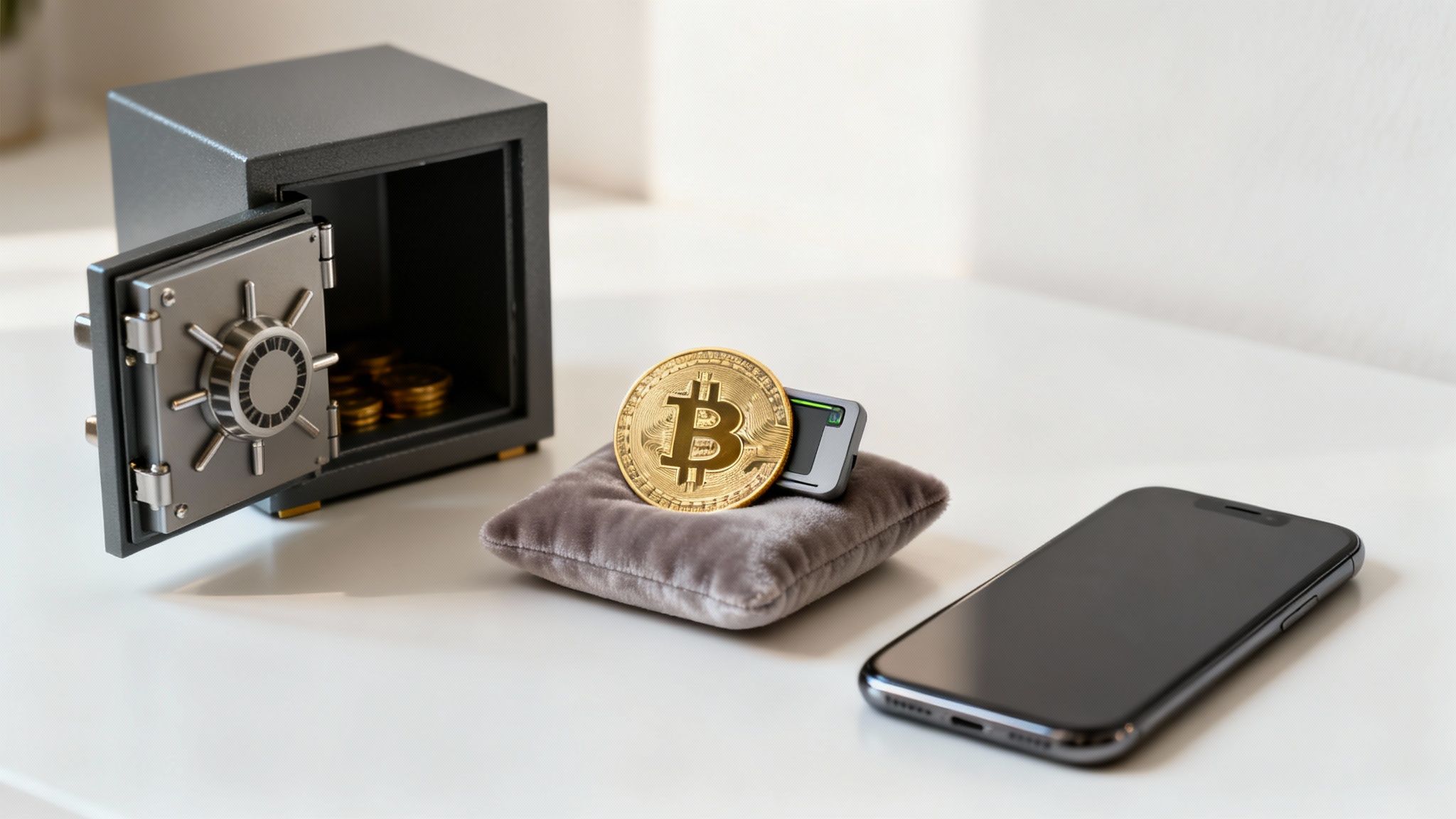 A person holding a small hardware wallet device, symbolizing secure Bitcoin storage.