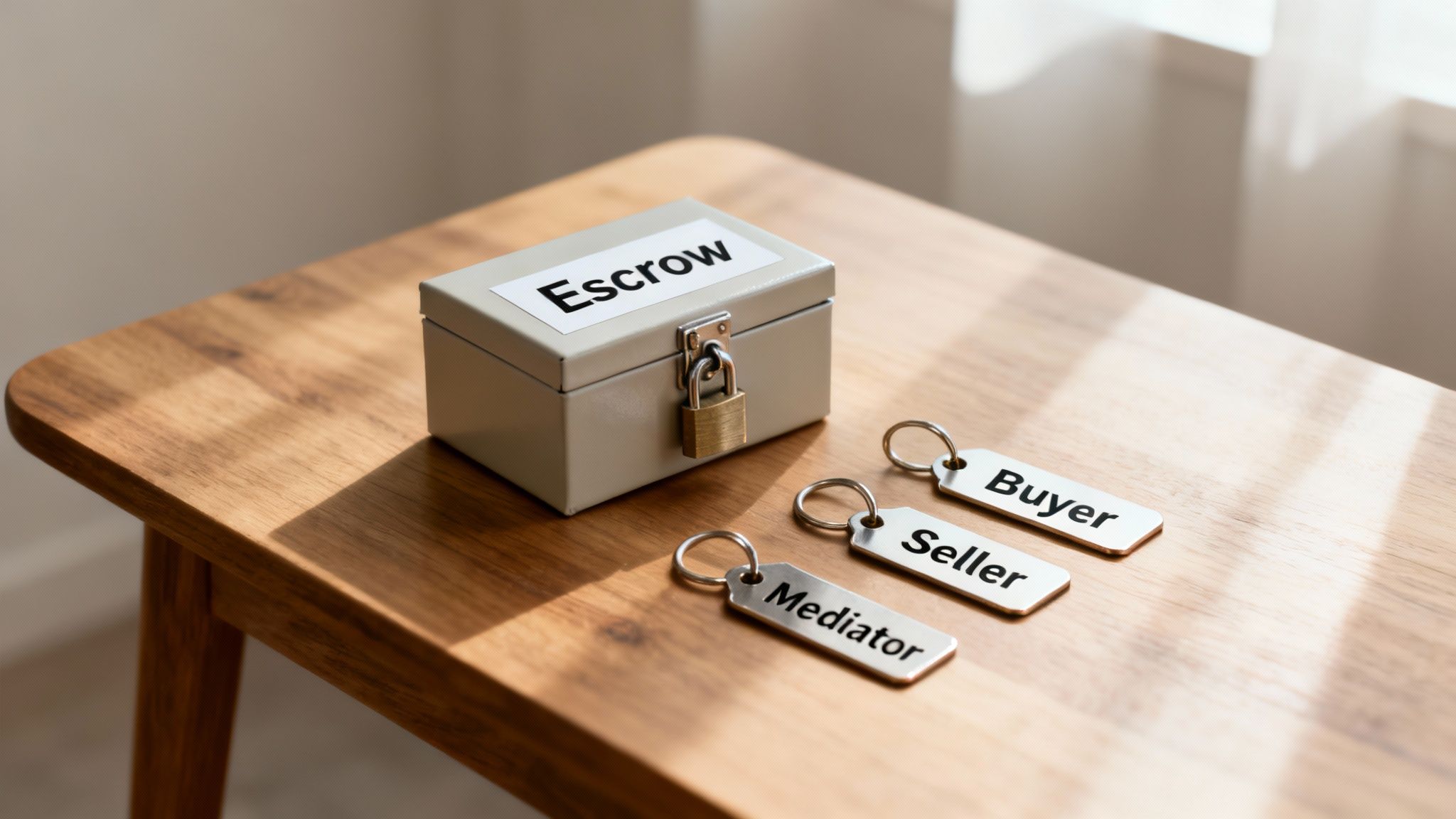 A locked gray box labeled 'Escrow' with keychains for 'Mediator', 'Seller', and 'Buyer' on a wooden table.