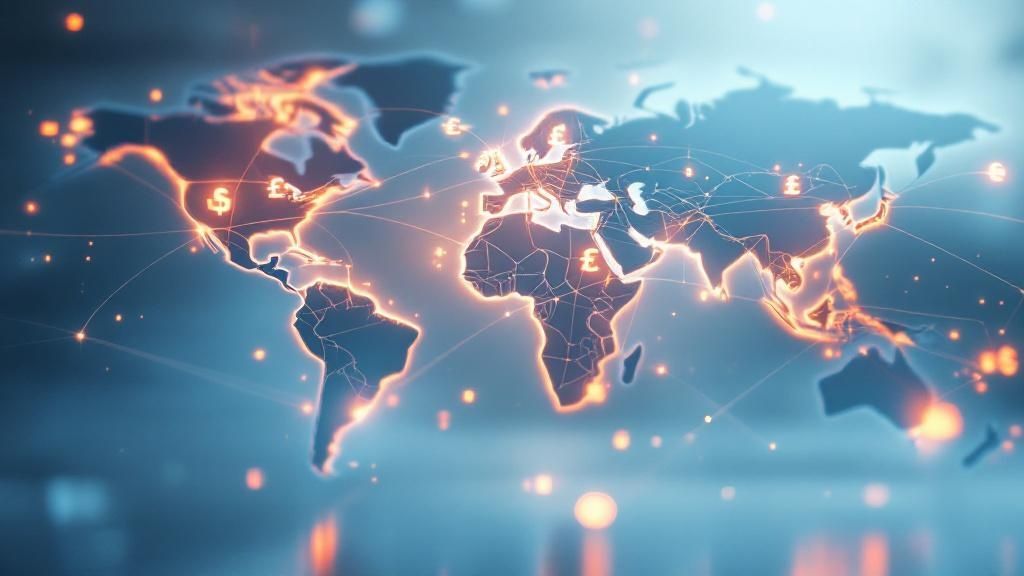A stylized world map with icons representing different currencies and payment methods, connected by digital lines to a central shopping cart icon.