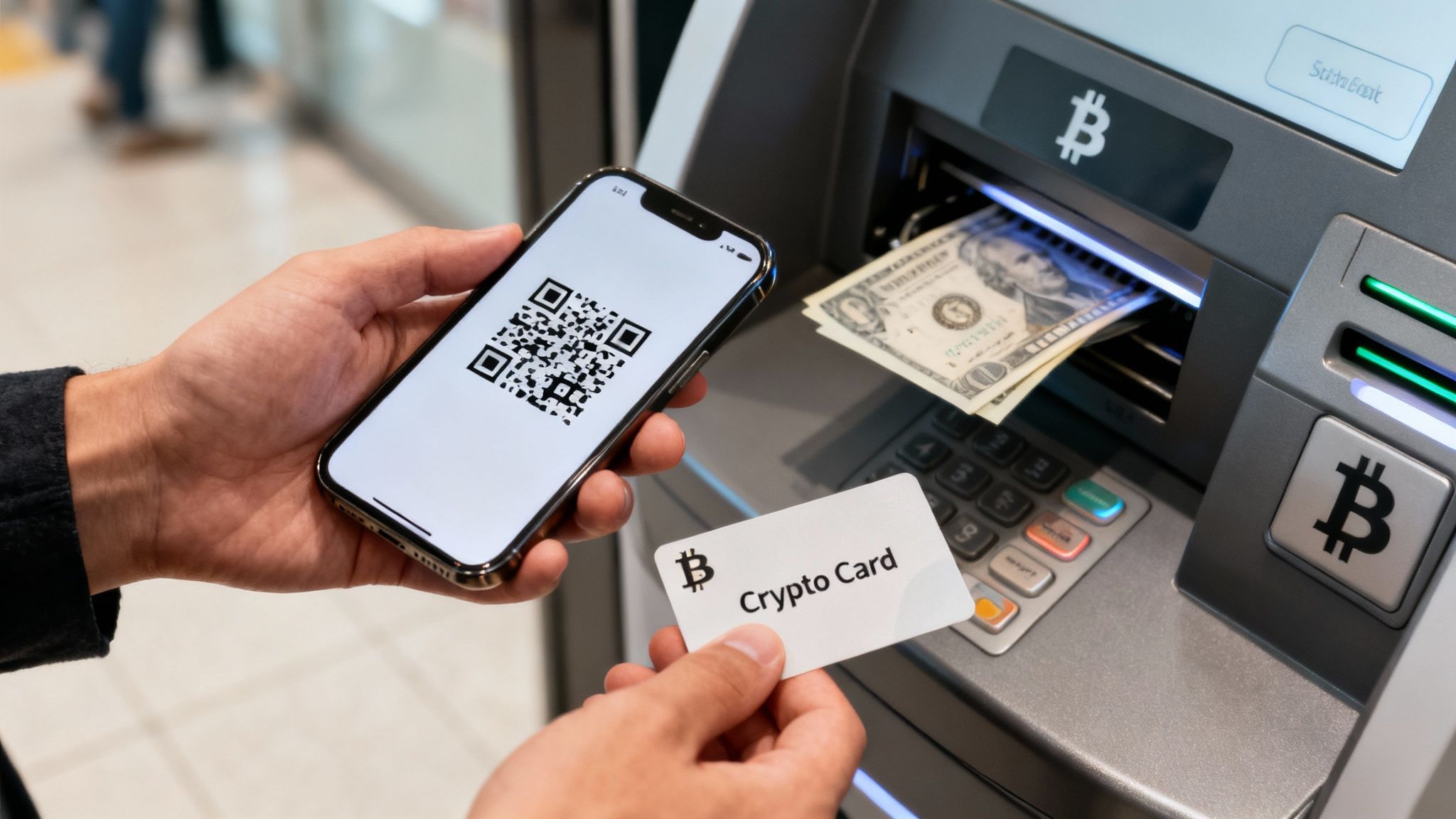 Hands holding a smartphone with a QR code and a crypto card, with an ATM dispensing US dollars, symbolizing crypto to cash conversion.