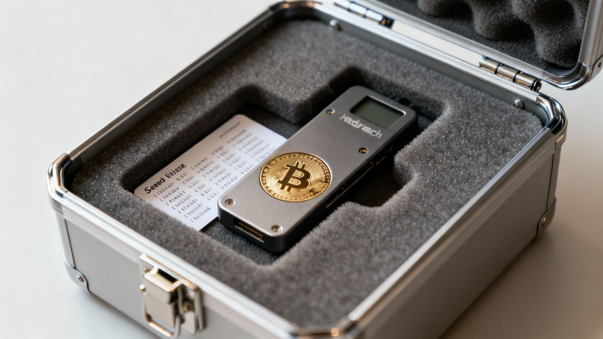 A physical hardware wallet device held in hand, symbolizing security.