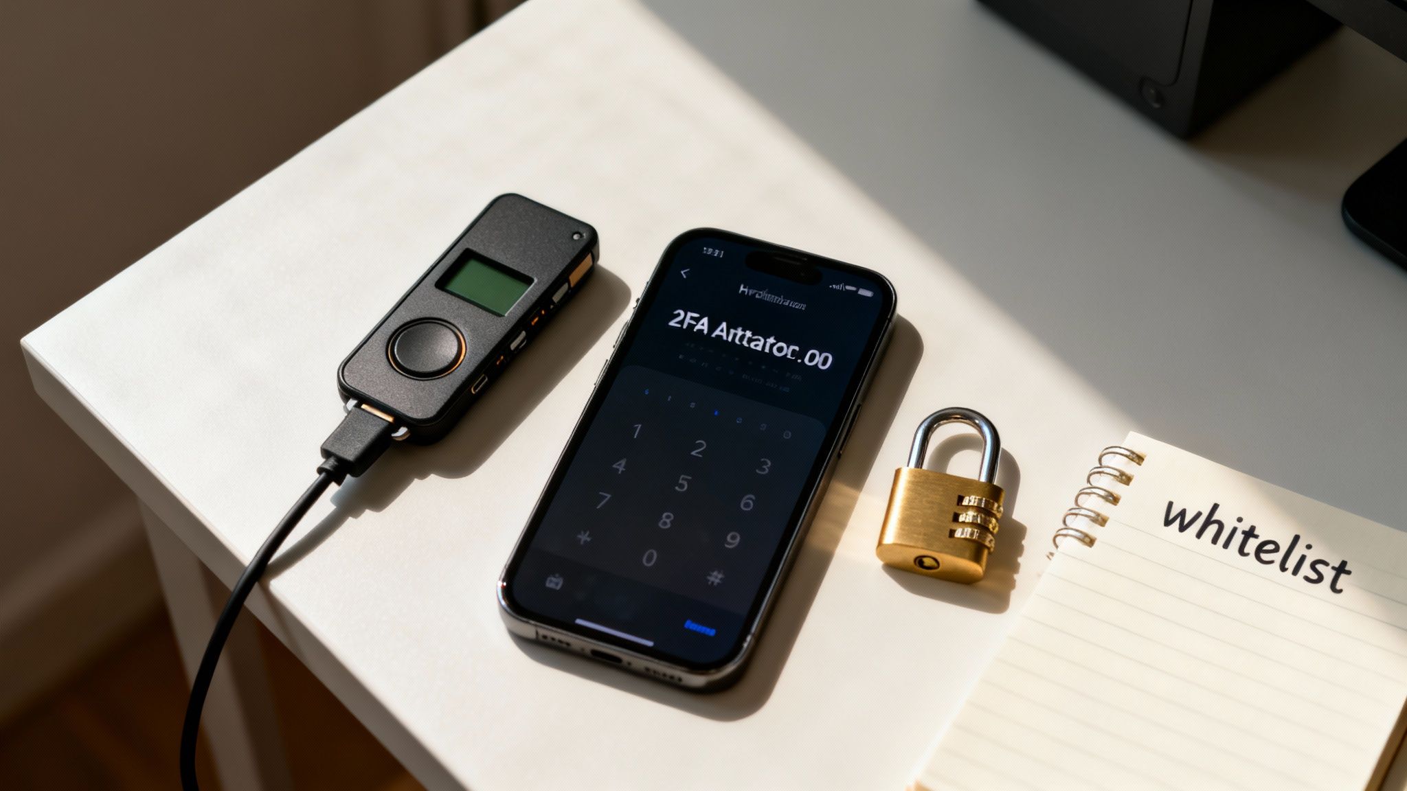 A cryptocurrency hardware wallet, smartphone with 2FA, padlock, and 'whitelist' notebook, symbolizing digital security.