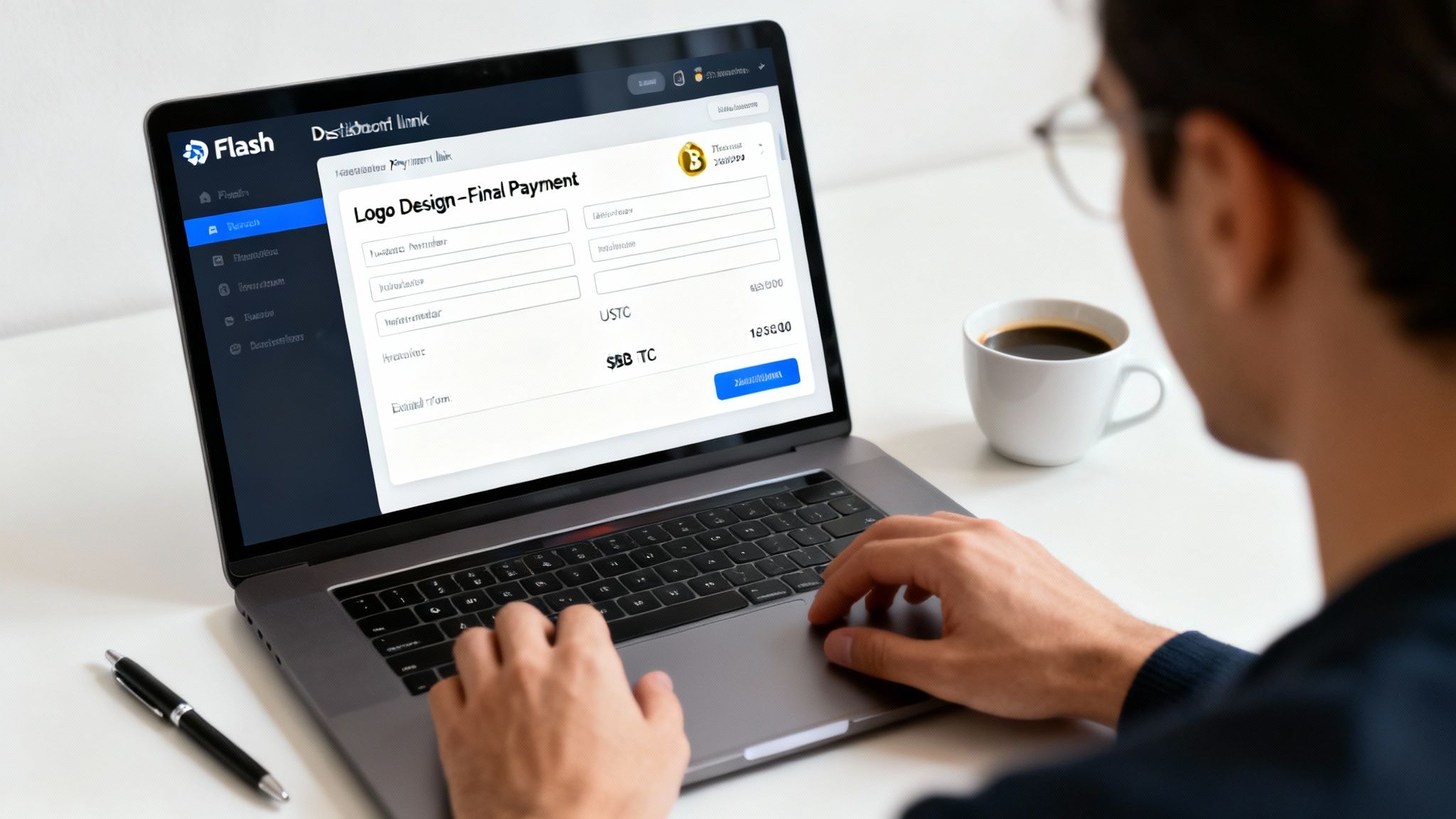 A user-friendly interface for creating a new Bitcoin payment link, showing fields for amount, currency, invoice number, and description.