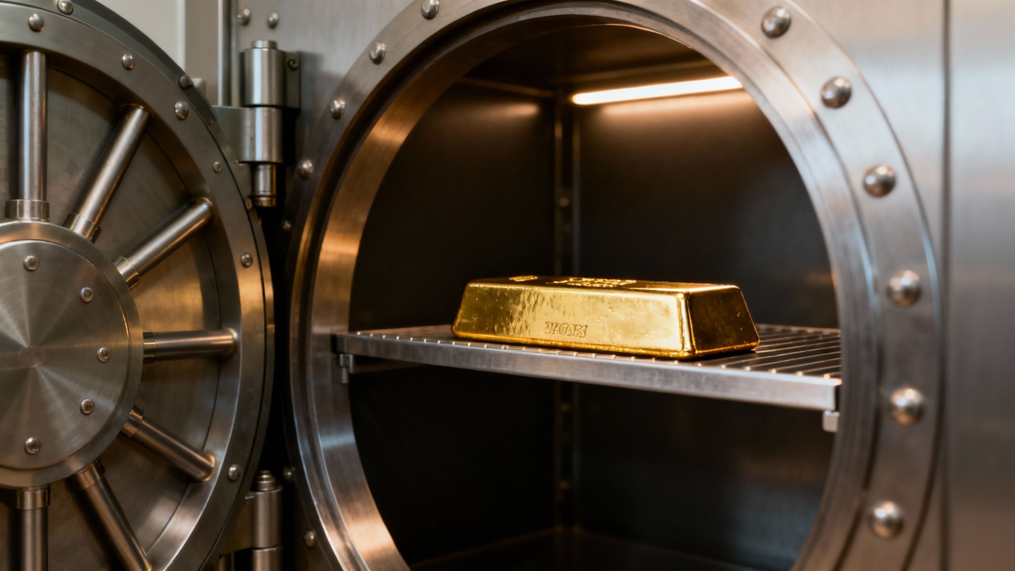 A gleaming gold bar rests on a shelf inside an open, well-lit secure bank vault.