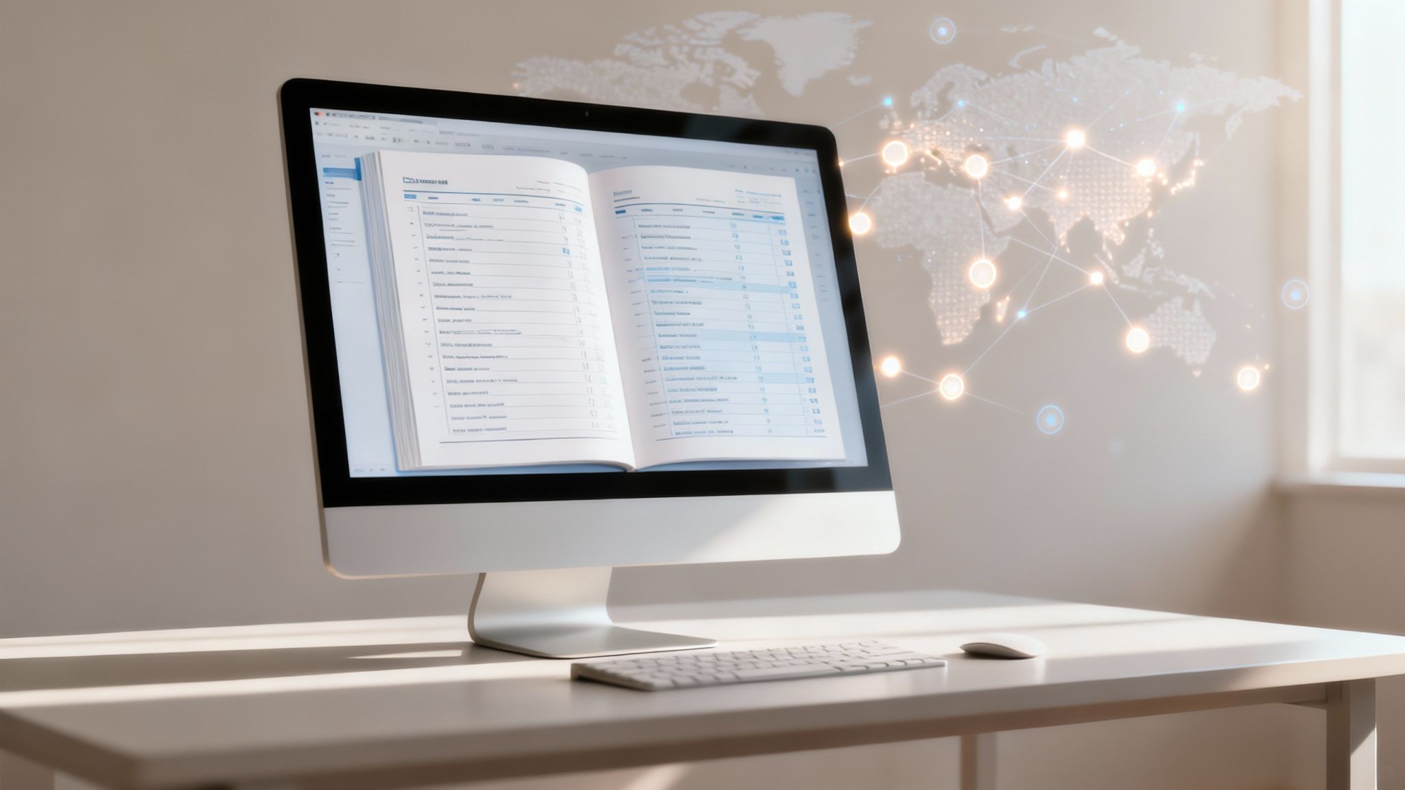 Modern computer setup on a desk, displaying a business document with a glowing global network in the background.