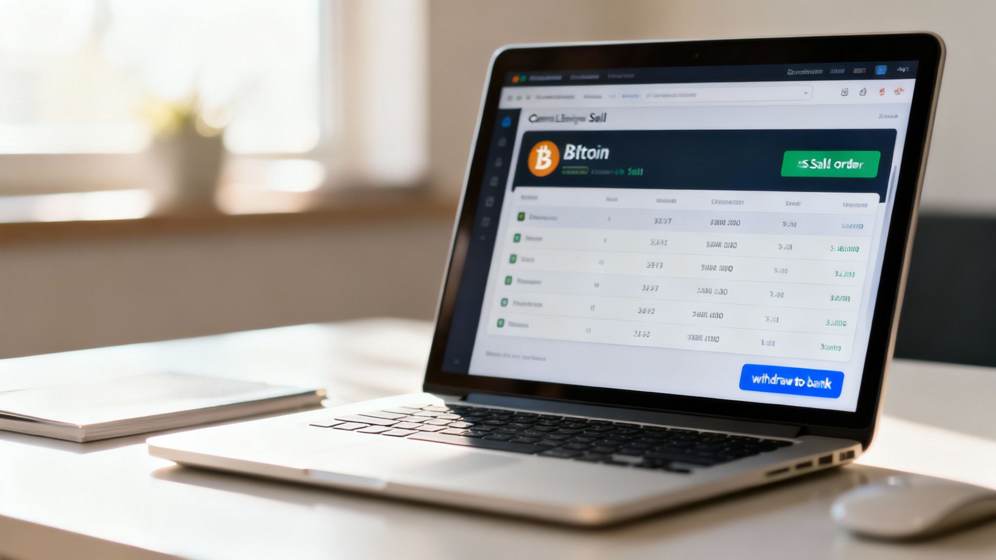 A laptop on a white desk displaying a Bitcoin cryptocurrency exchange platform with 'Sell order' and 'withdraw to bank' buttons.