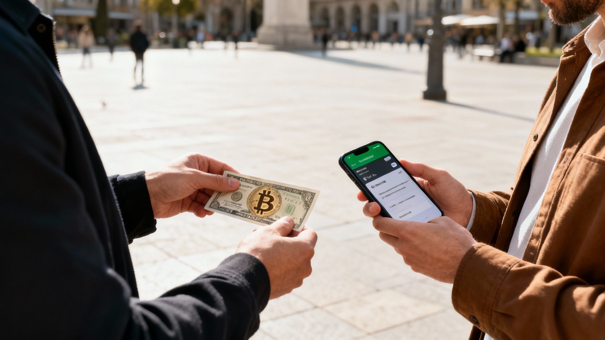 Hands exchanging a dollar bill with a Bitcoin logo and using a cryptocurrency app on a smartphone.